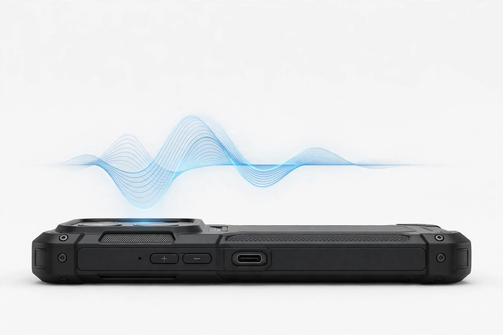 Smartphone side view with sound waves illustrating speaker audio output