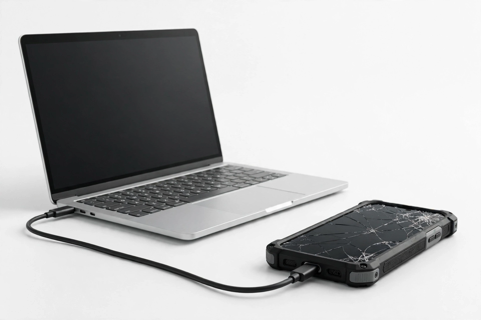 Broken phone with cracked screen connected to laptop for data backup