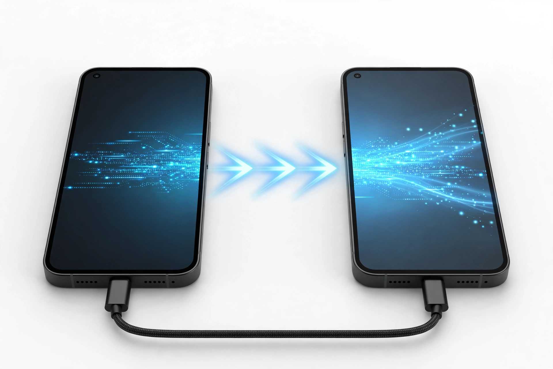 Two smartphones connected by cable transferring data between devices