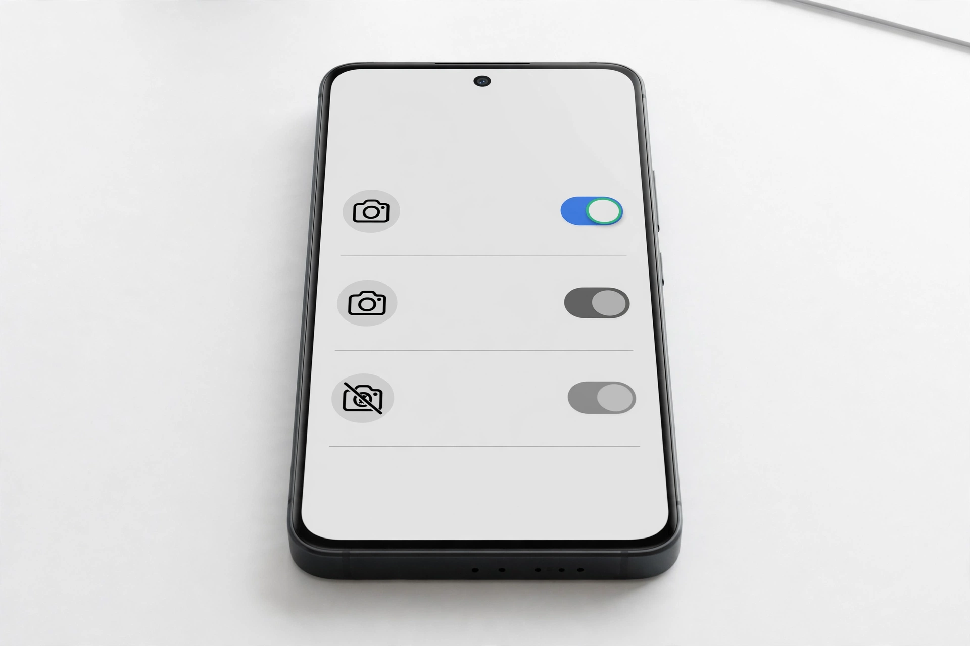 Smartphone showing camera settings screen on a white desk