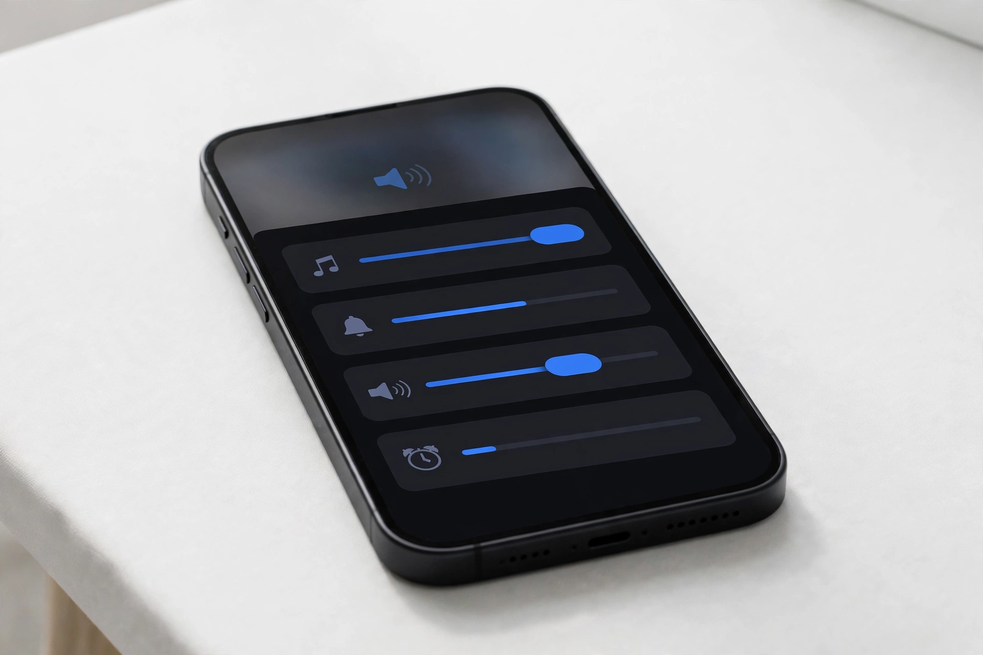 Smartphone showing volume and audio settings on a white desk