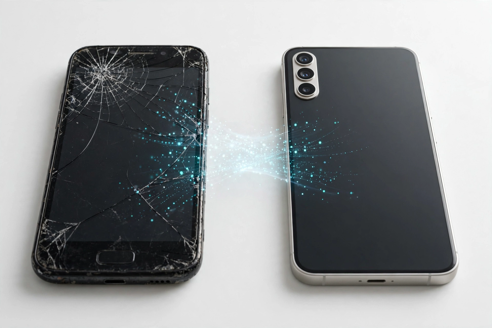 Old cracked-screen phone next to a new phone for data backup and transfer