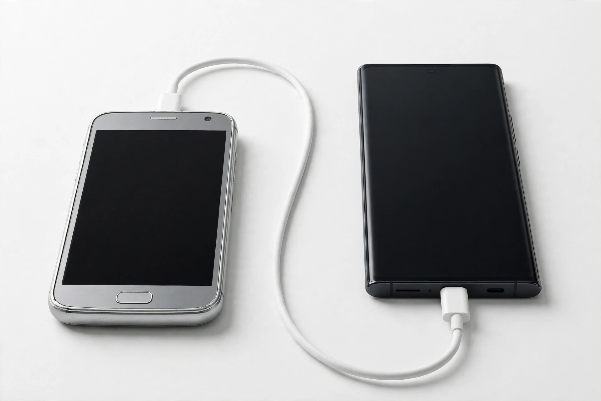 Two smartphones connected by a USB cable for data transfer