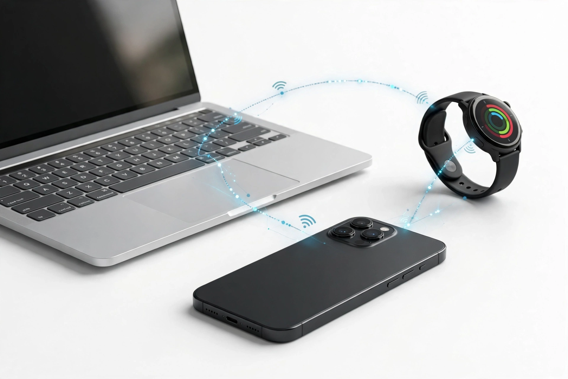 Smartphone with smartwatch and laptop syncing data