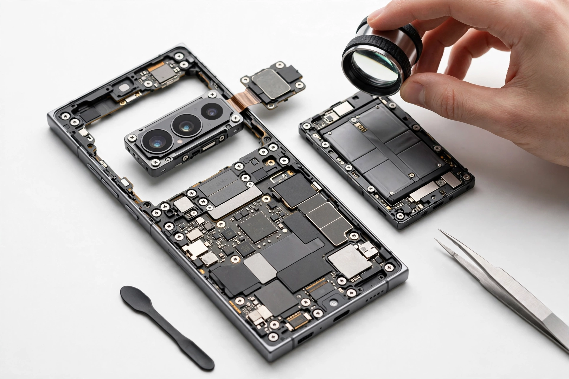 Modular smartphone with visible screws being inspected for authenticity