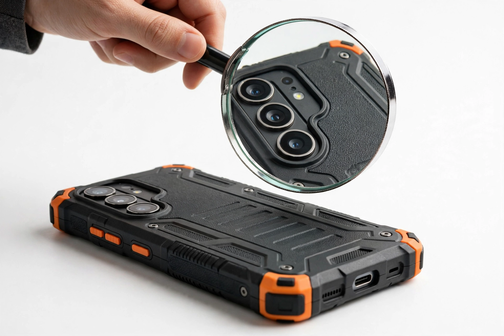 Rugged smartphone examined with a magnifying glass for authenticity