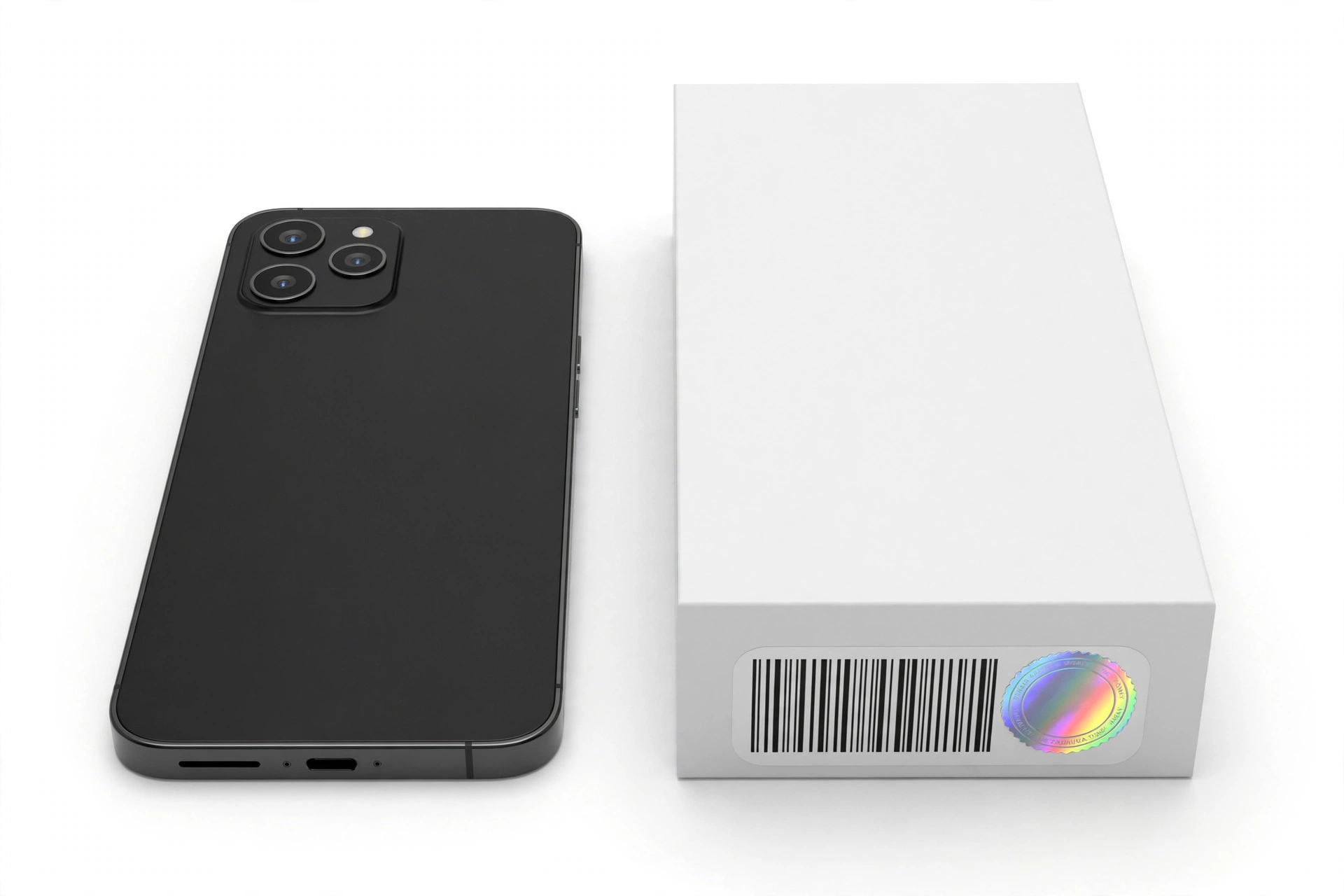 Smartphone next to its retail box with serial number barcode label
