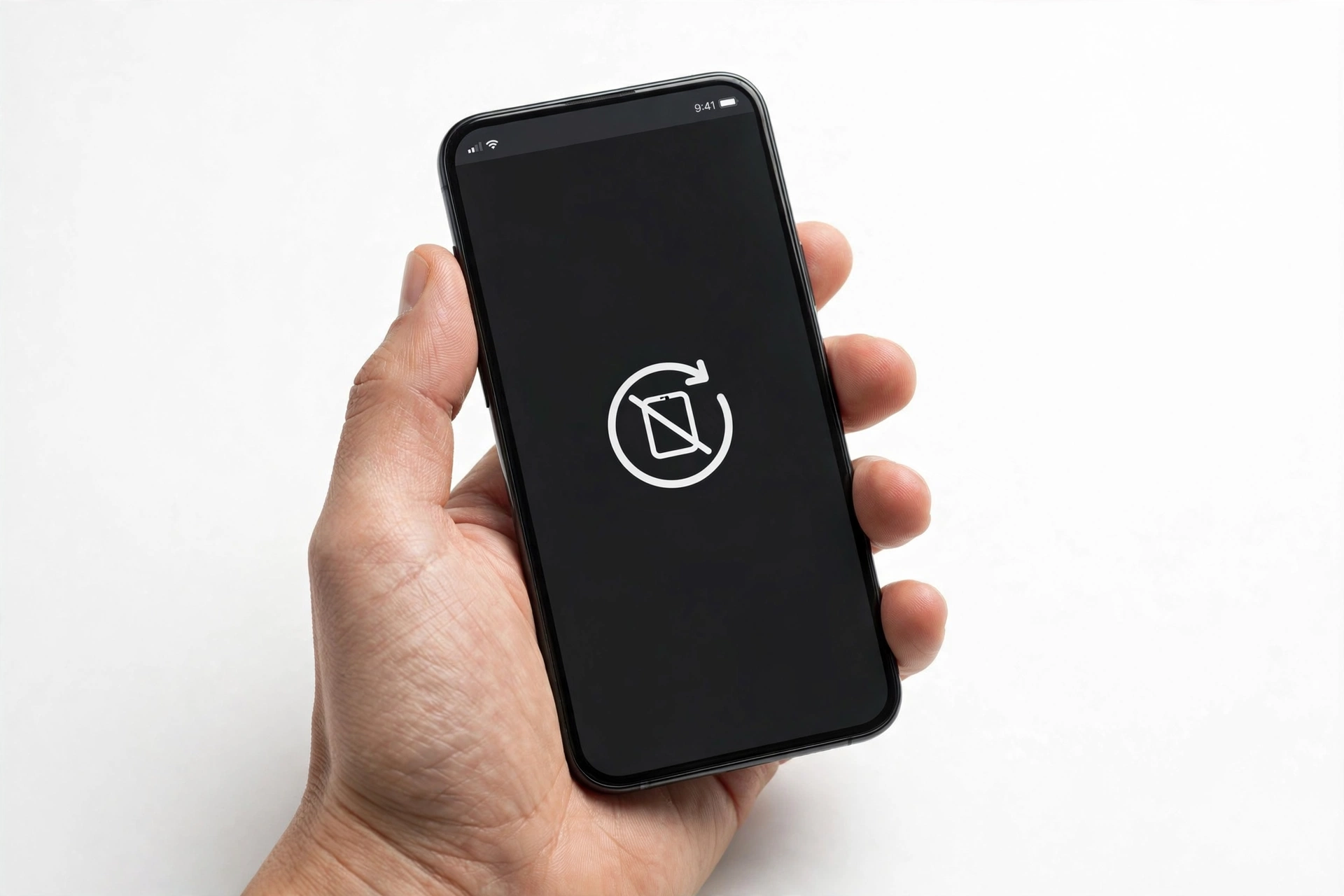 A hand holding a smartphone showing a screen that won't rotate