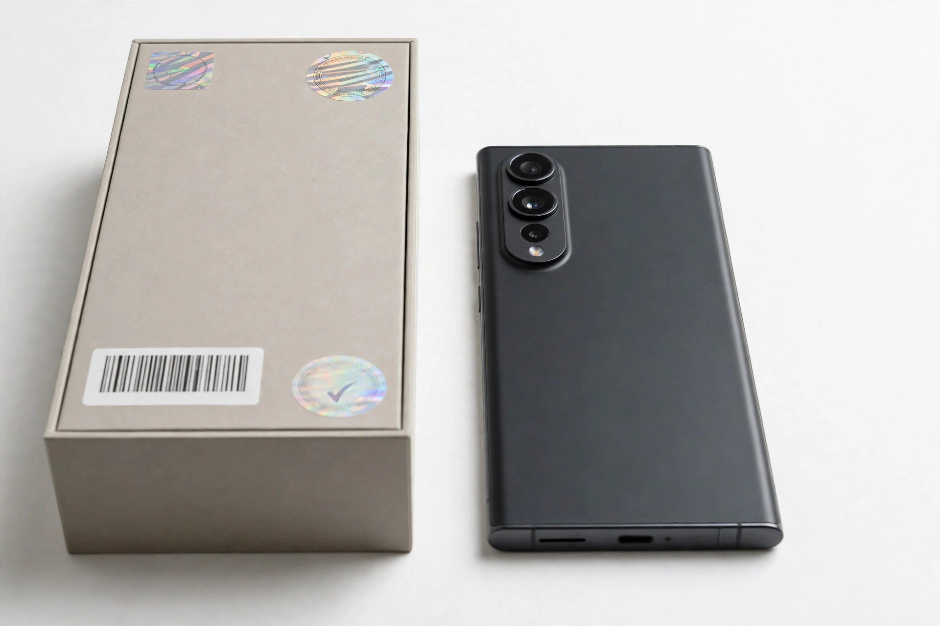 Smartphone next to retail box with barcode and serial number labels