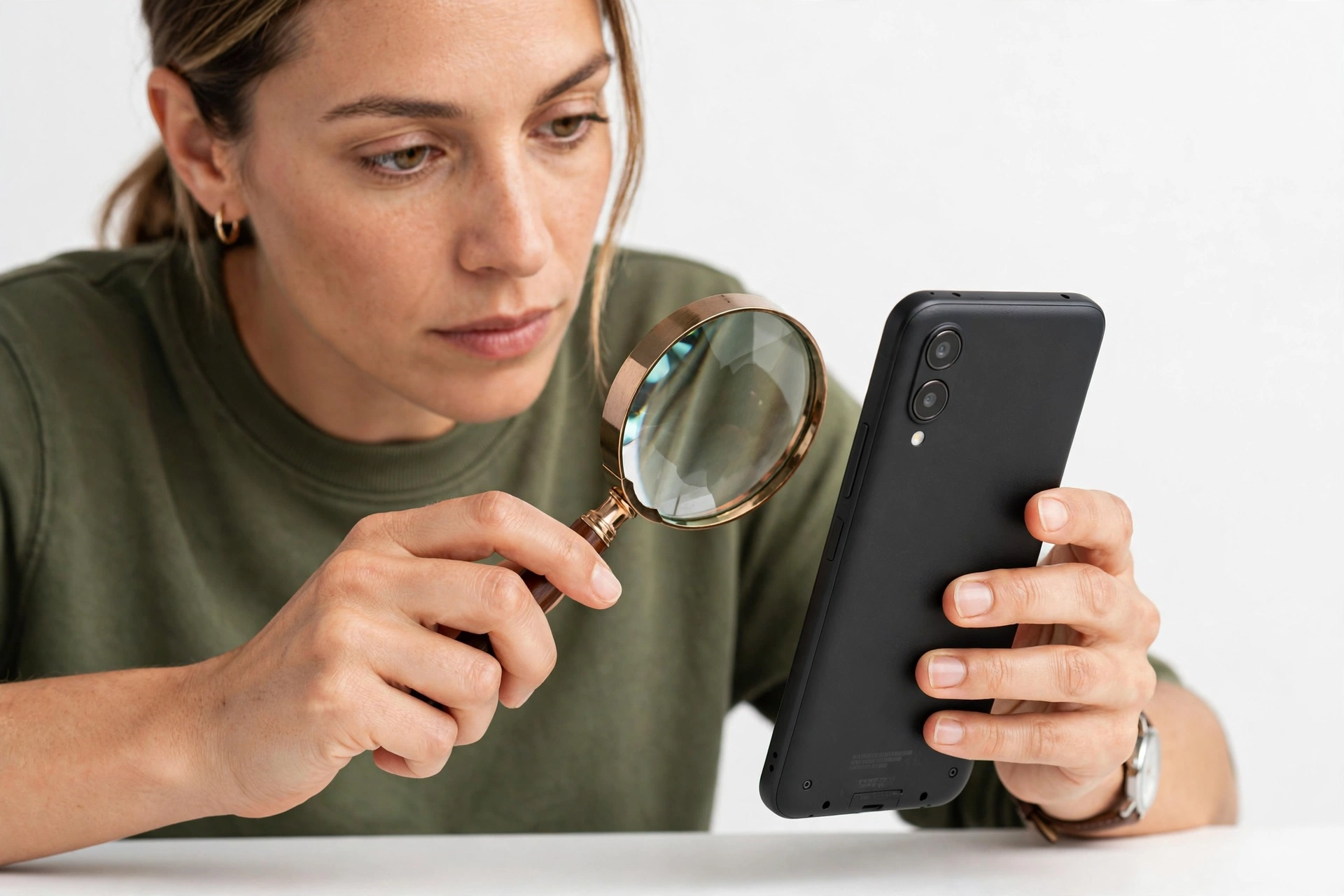 Examining a smartphone with a magnifying glass to verify authenticity