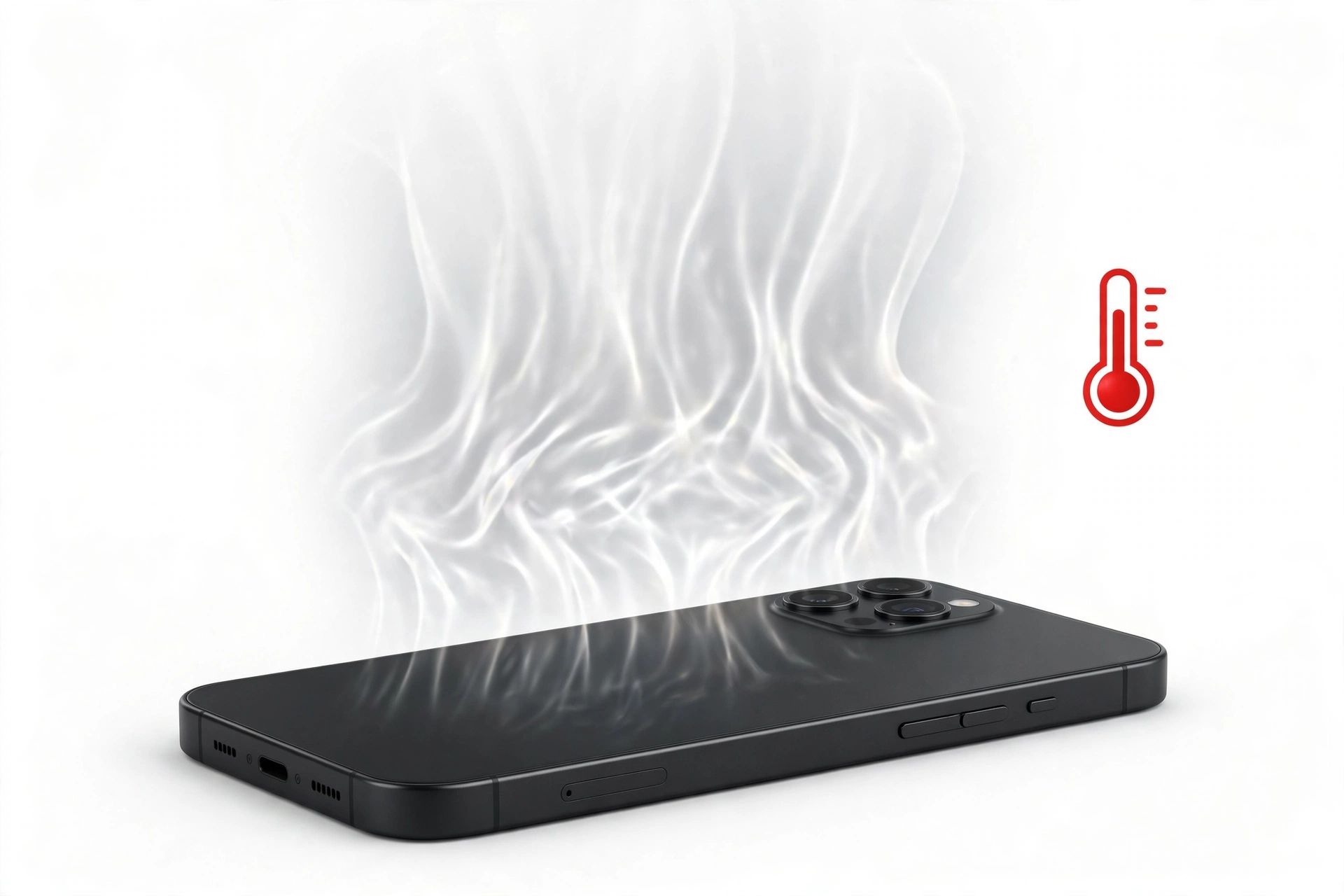 Smartphone overheating with heat waves and a red thermometer icon nearby