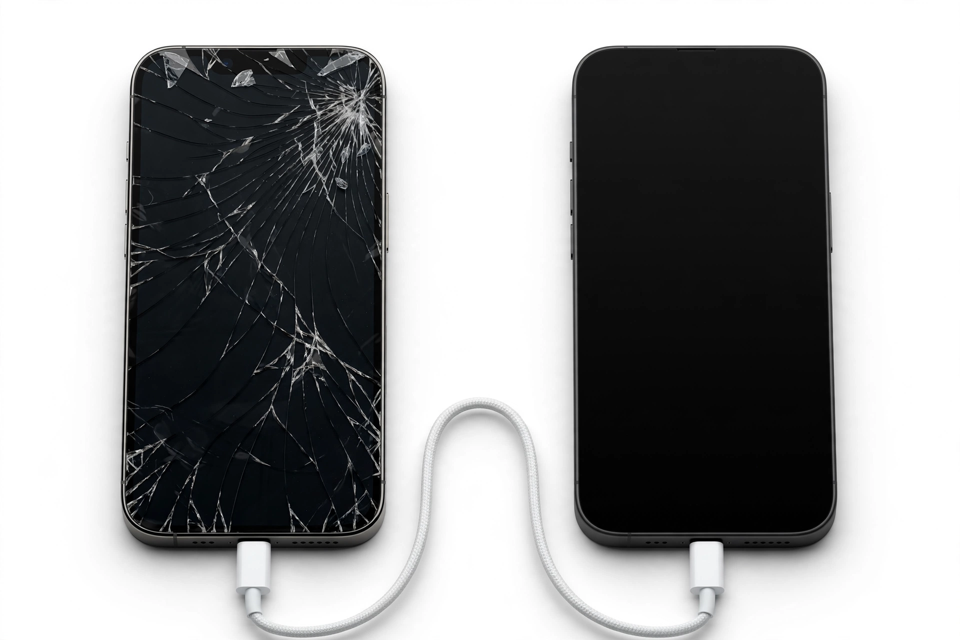 Two iPhones connected by cable transferring data, one with cracked screen