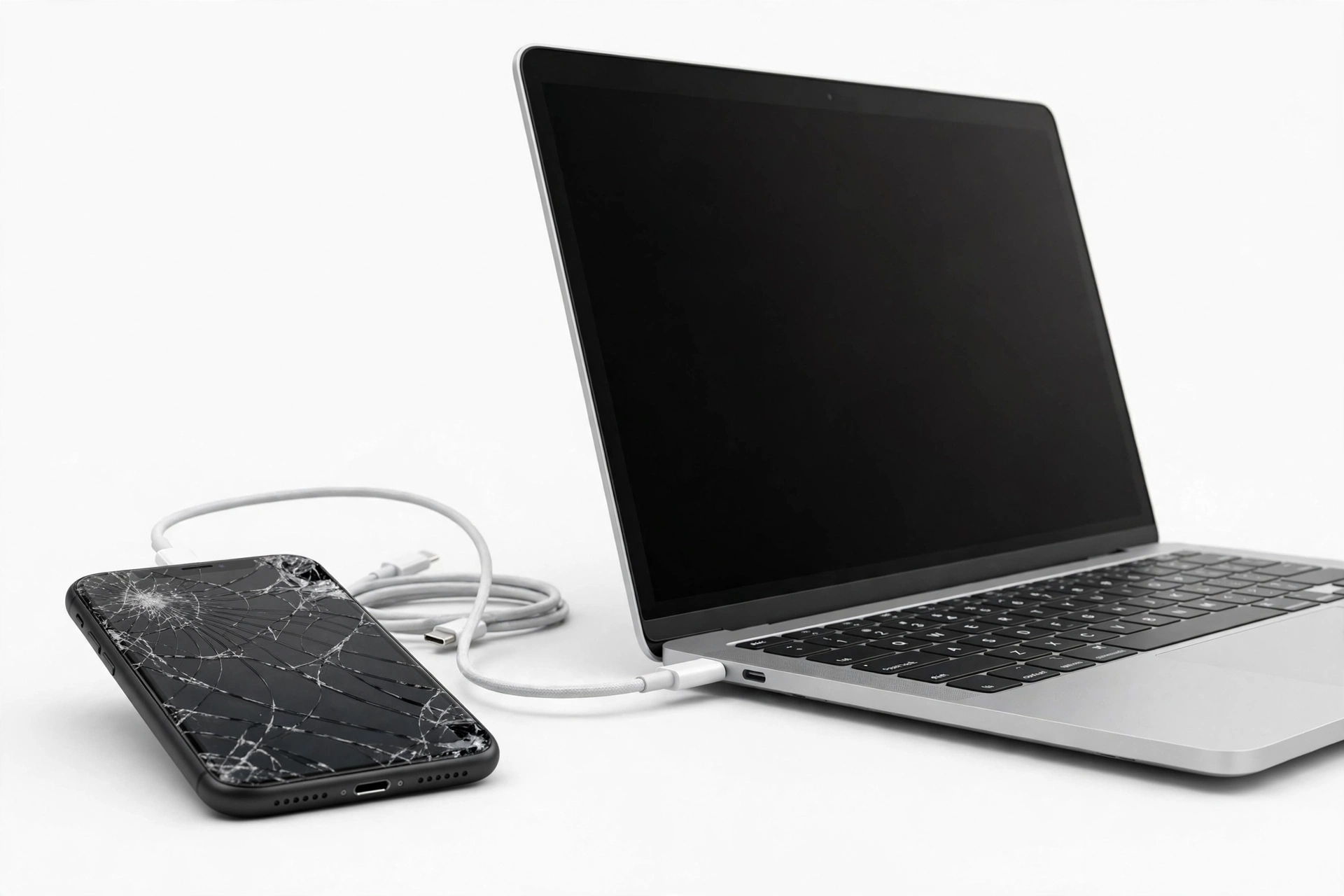 Broken iPhone with cracked screen connected to a laptop