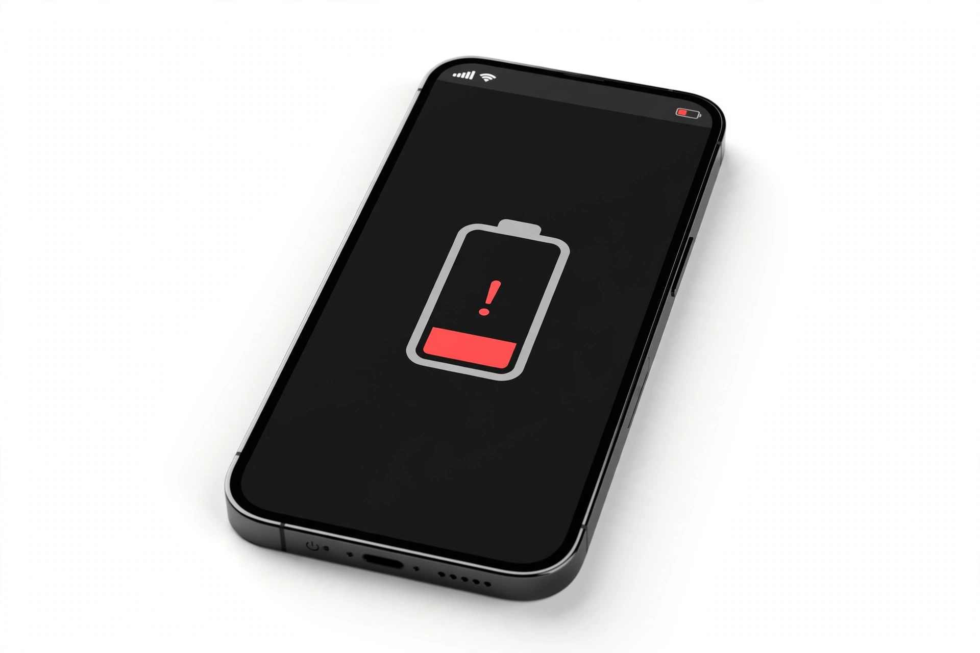 Smartphone showing low battery warning on screen