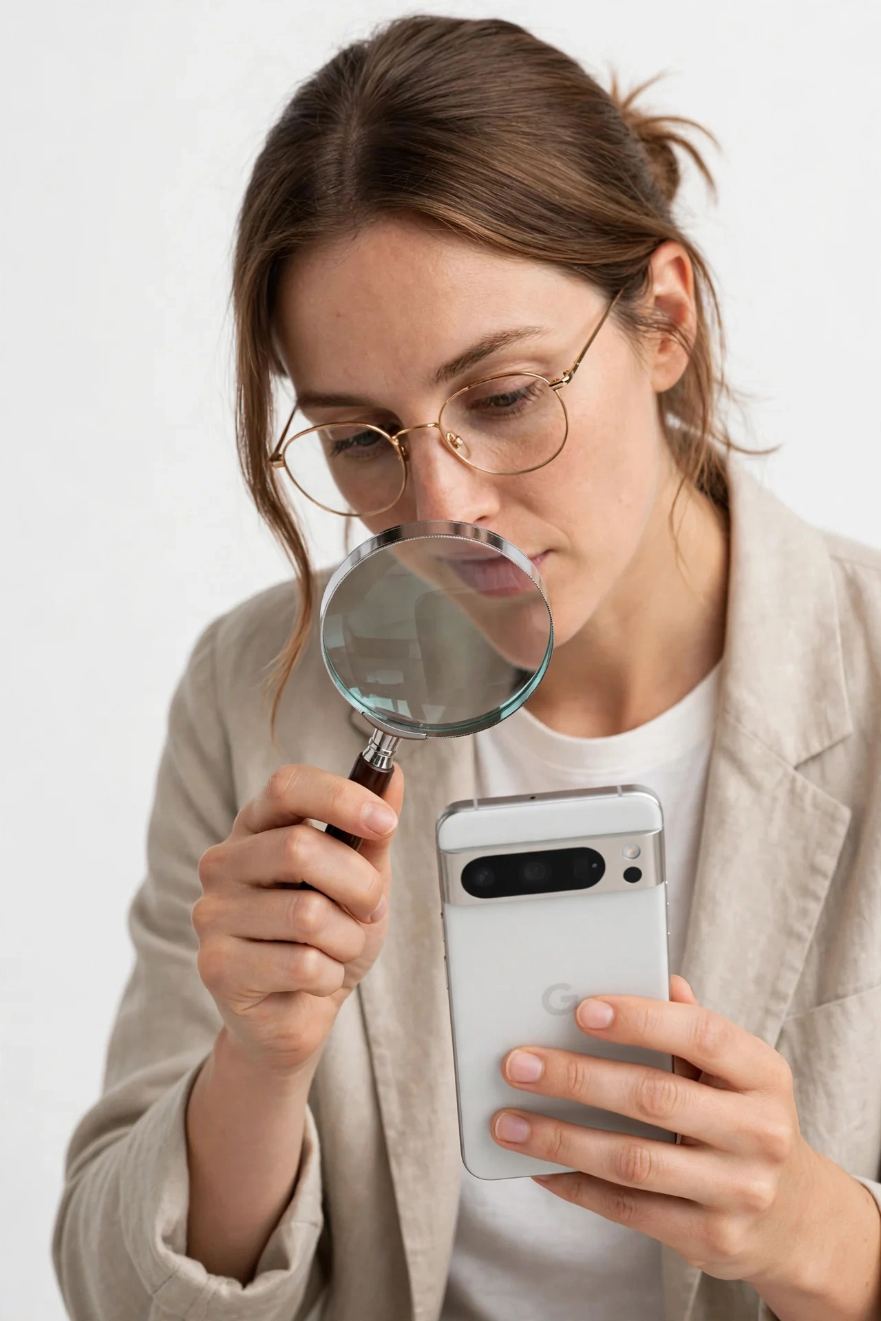 Person examining a Pixel-style smartphone with a magnifying glass