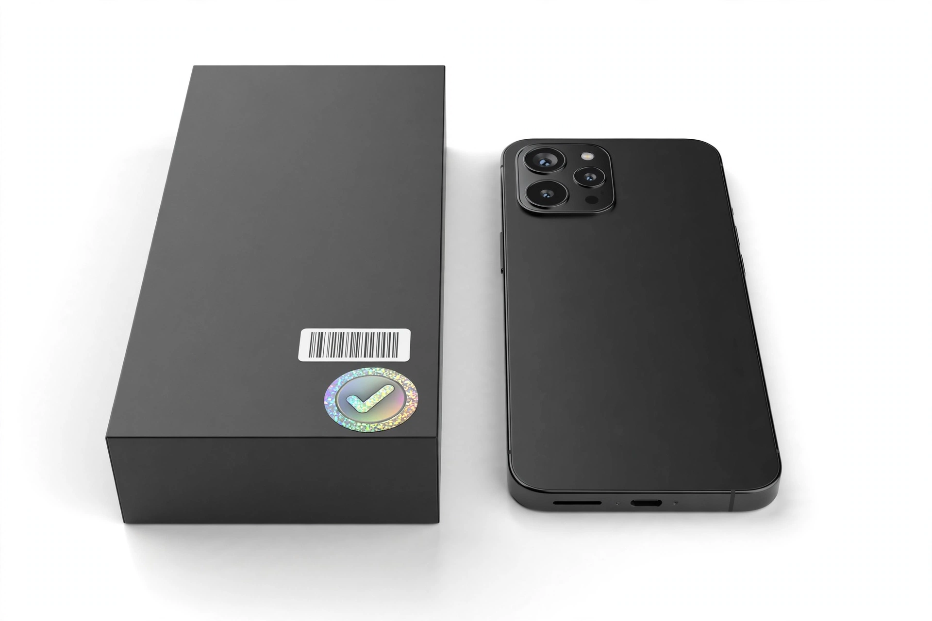 Smartphone next to retail box with serial number label