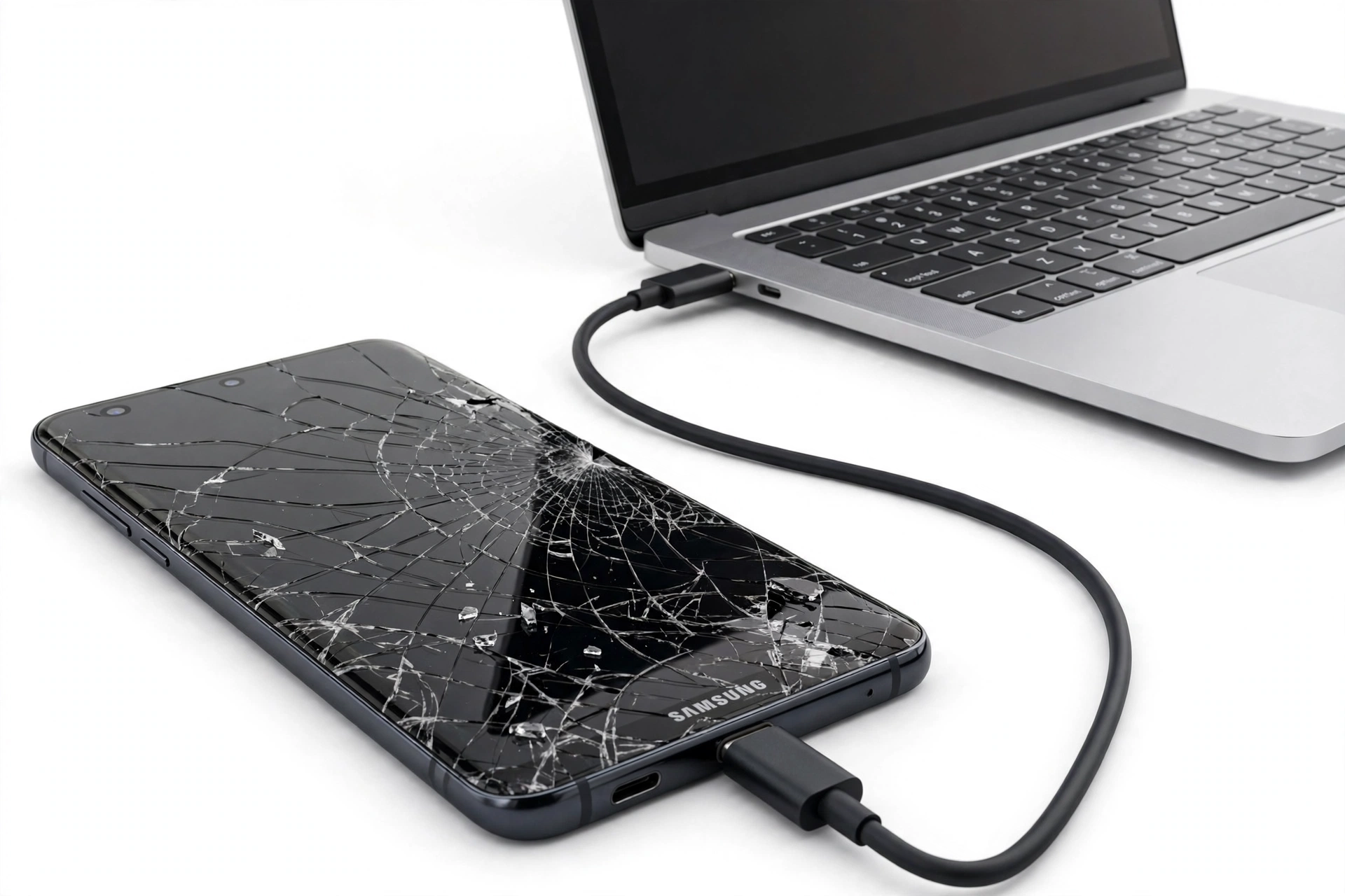 Broken Samsung smartphone with cracked screen connected to a laptop for data recovery