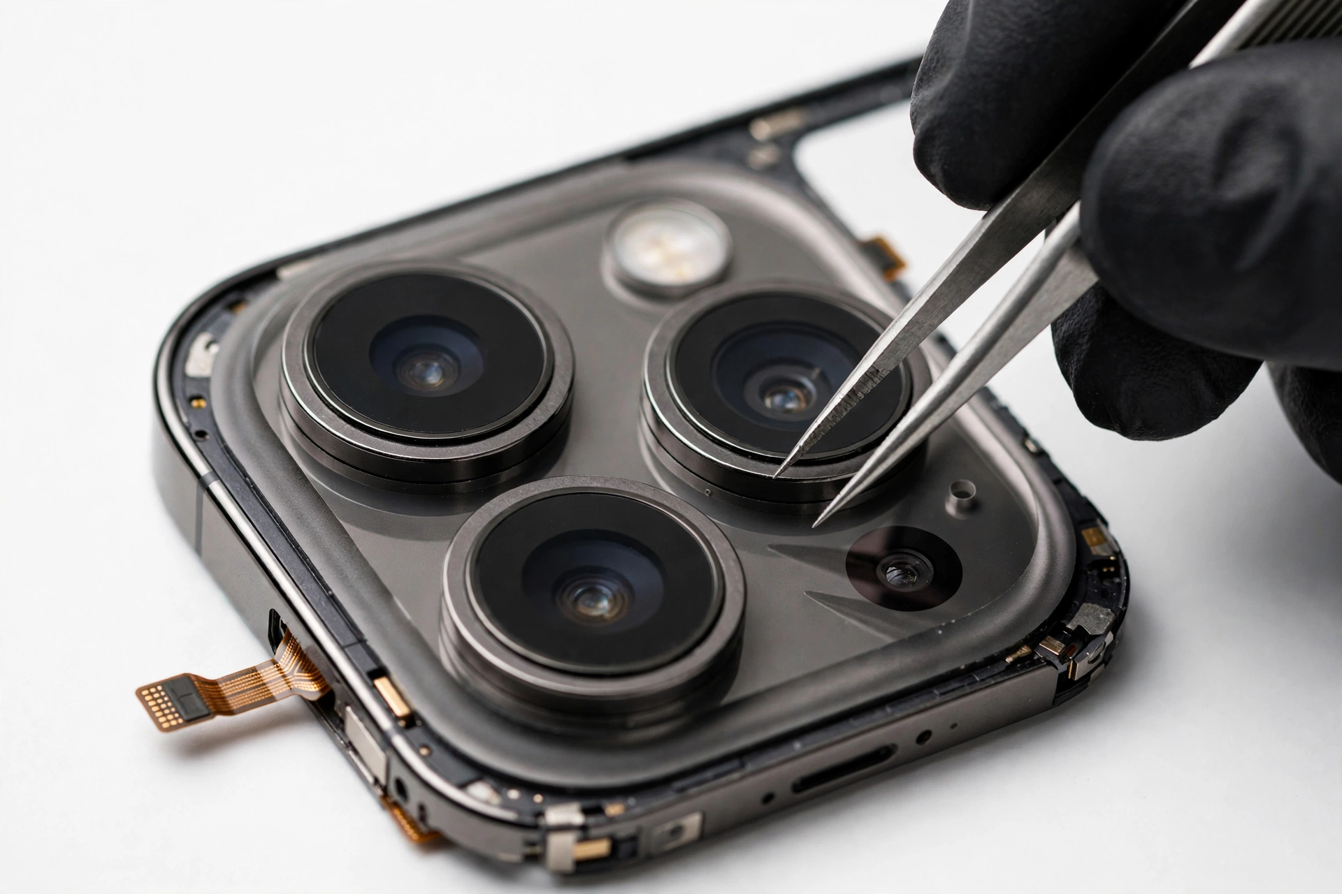 Close-up of an iPhone rear camera module being inspected after a software update