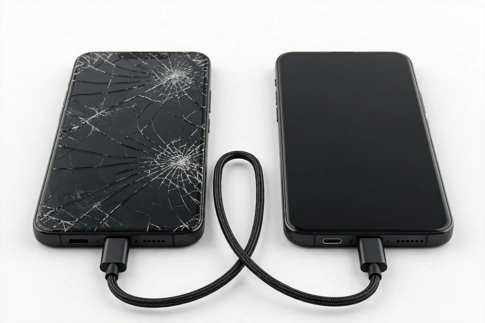 Two smartphones connected by USB cable transferring data, one with cracked screen