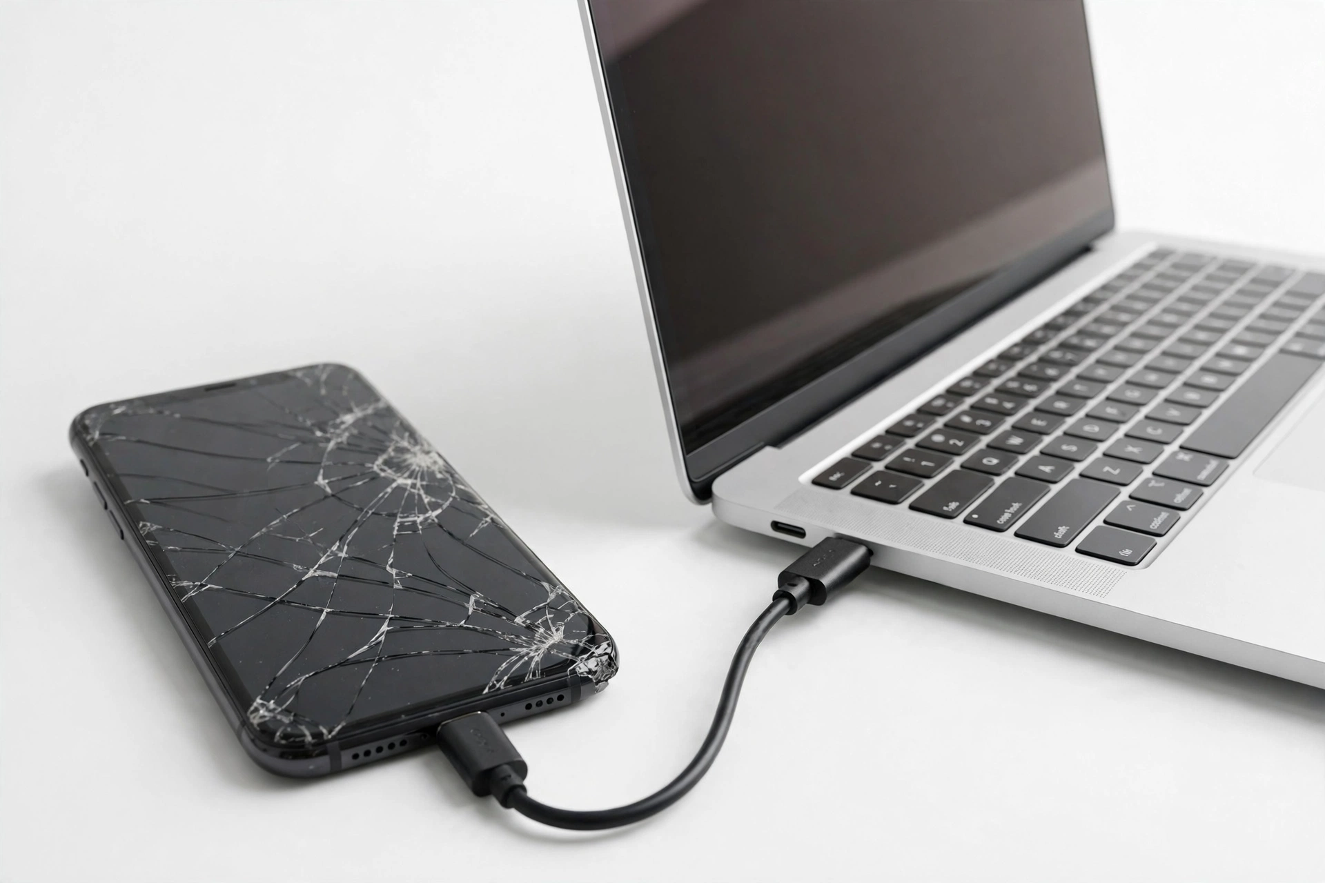 Broken smartphone with cracked screen connected to laptop for data recovery