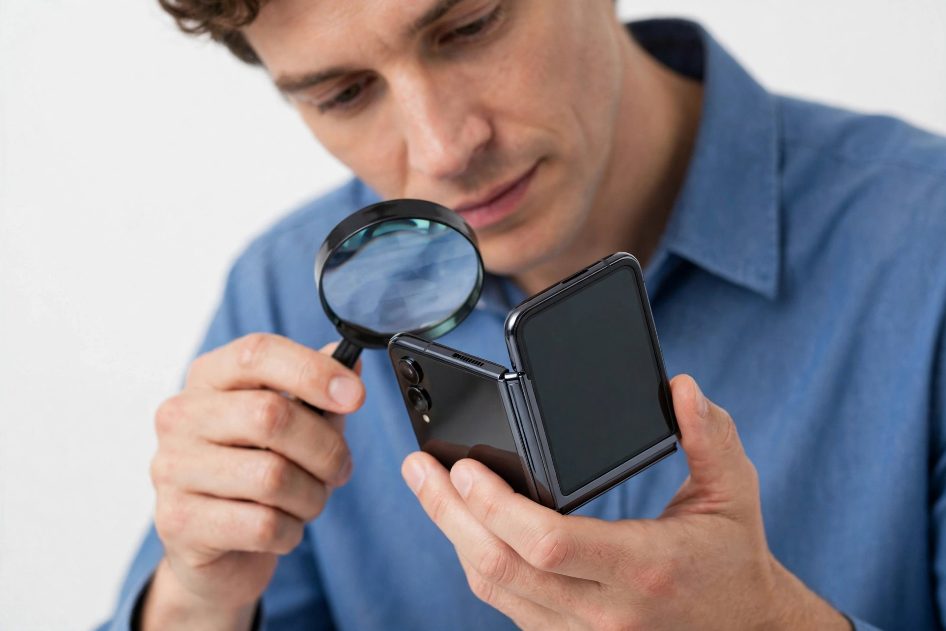 Examining a foldable smartphone with magnifying glass for authenticity