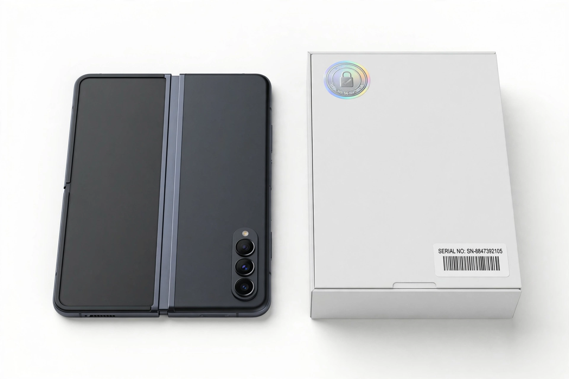 Foldable smartphone next to retail box with verification seal