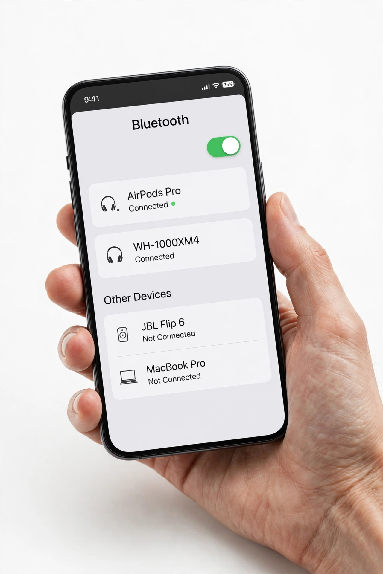 Smartphone displaying Bluetooth settings screen