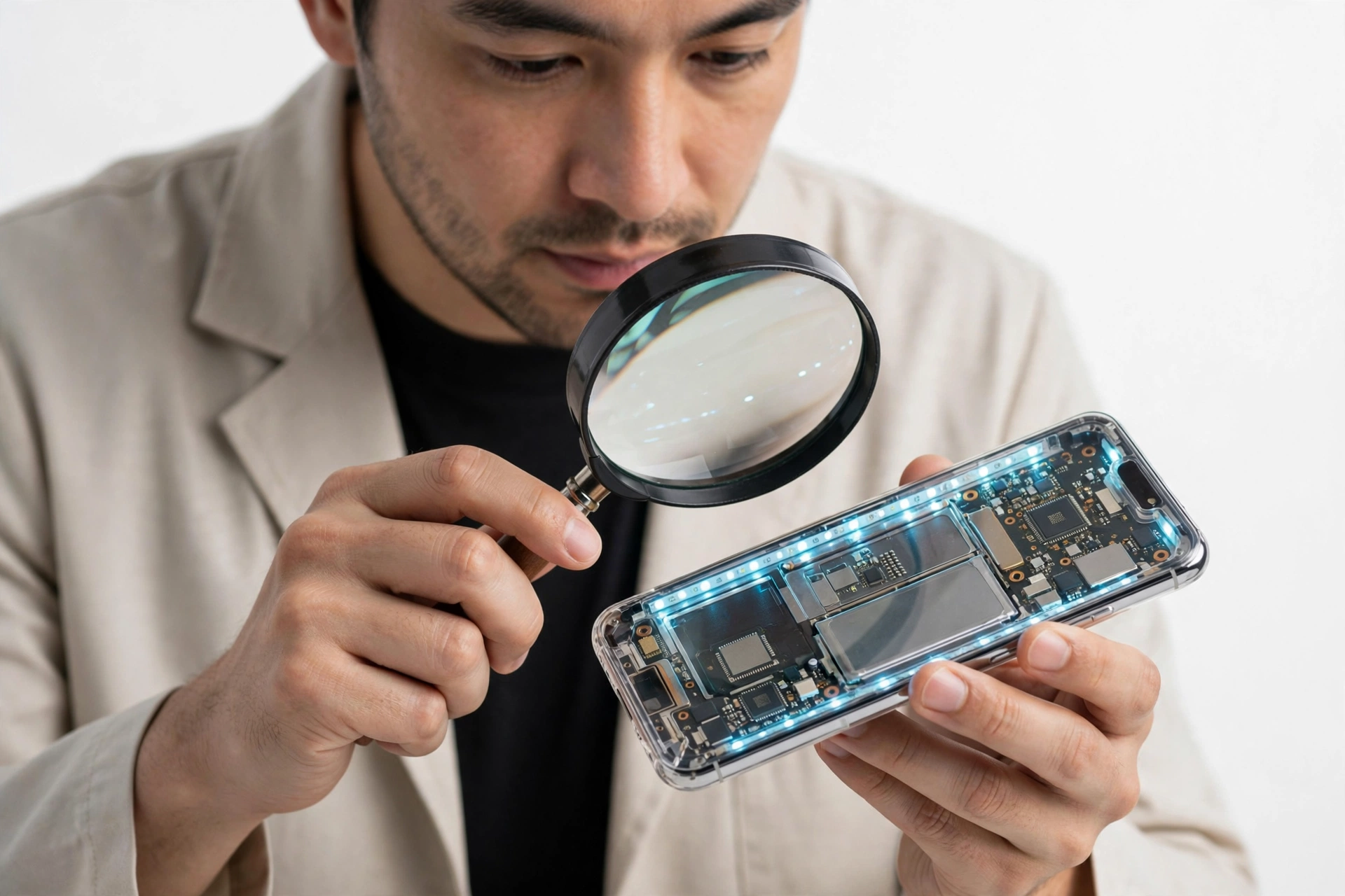 Examining a smartphone with transparent back using a magnifying glass for authenticity