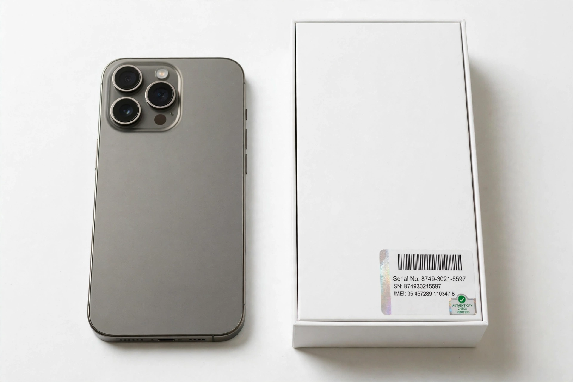 Smartphone next to retail box with serial number verification label