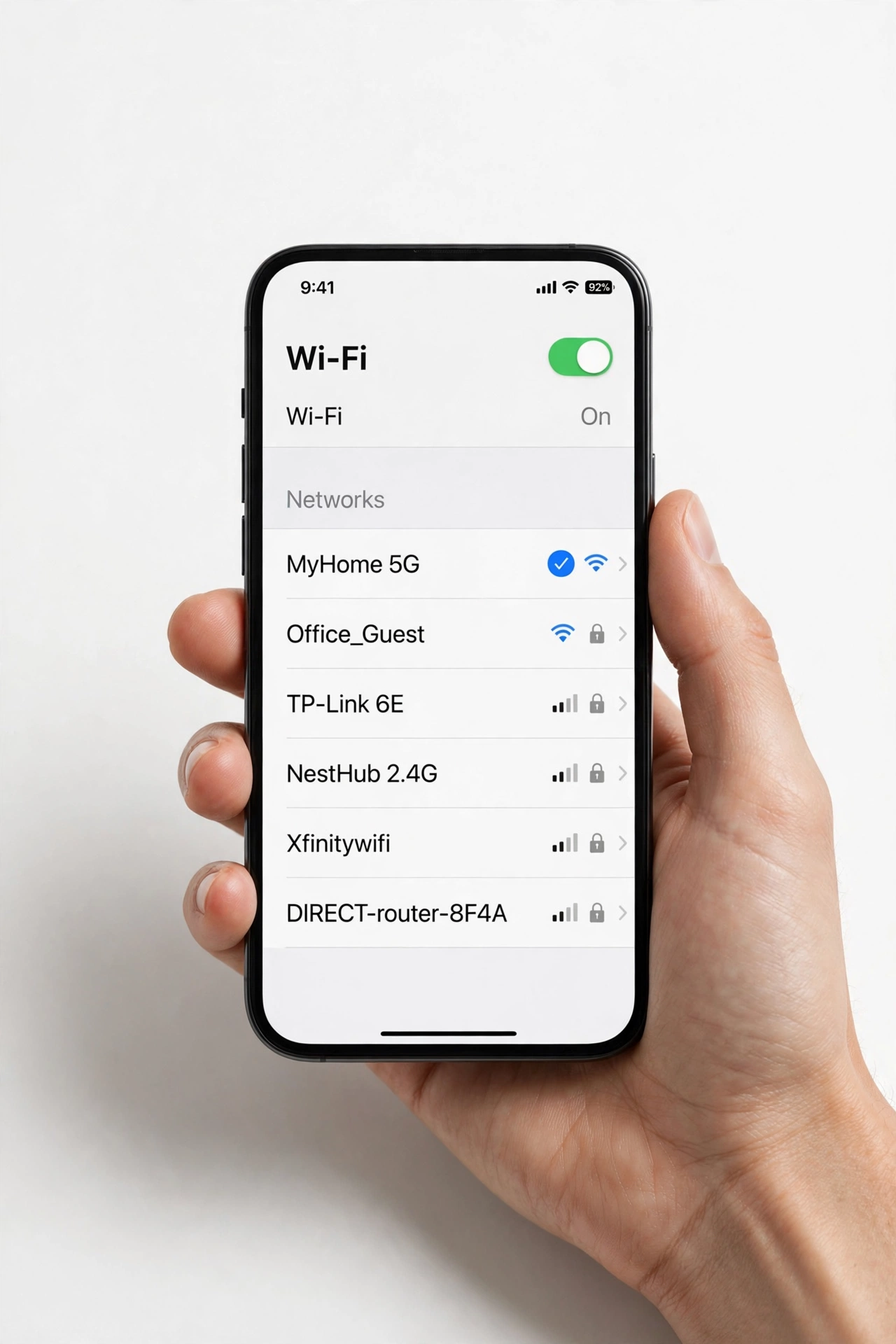 Smartphone displaying WiFi settings screen with network list