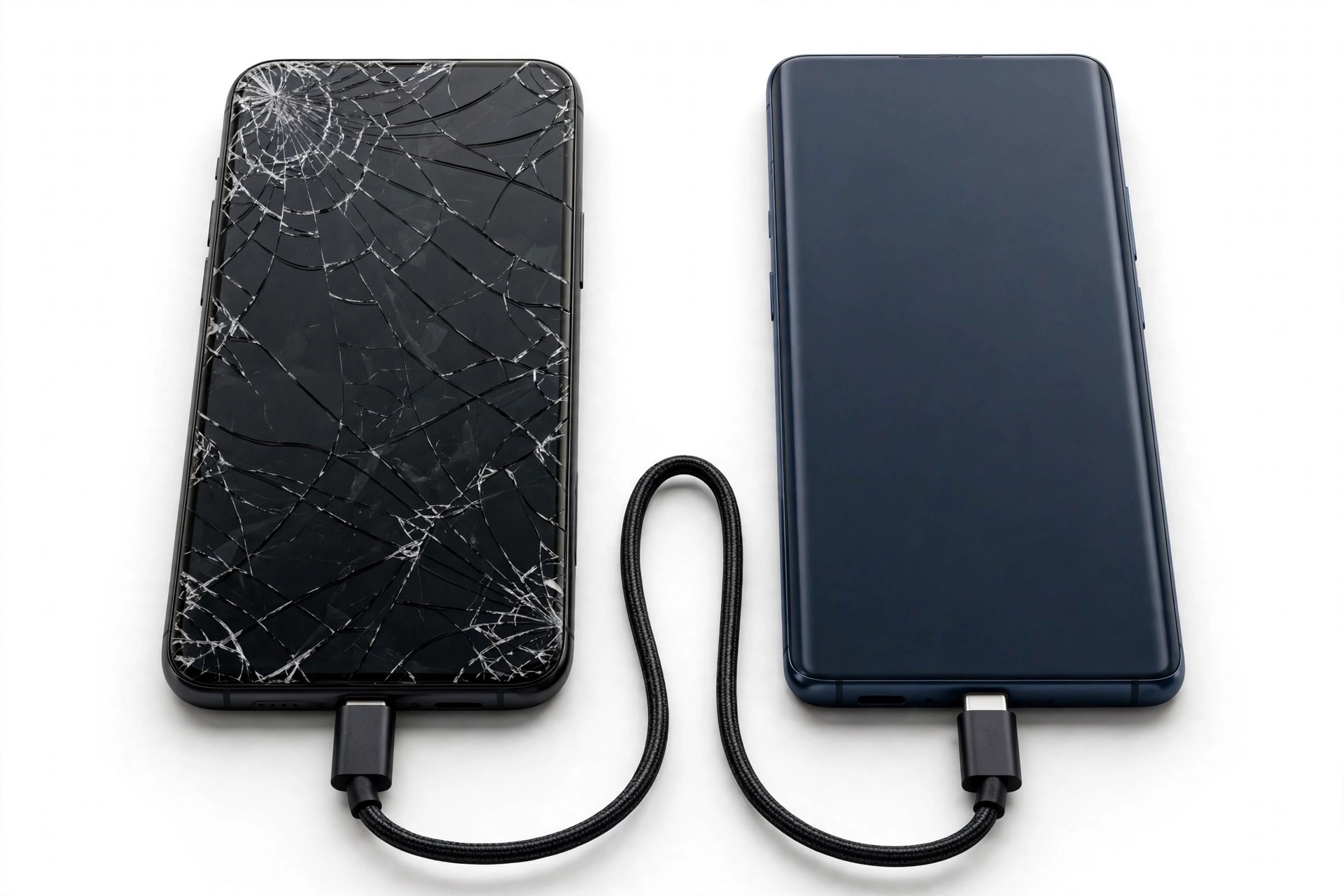 Two smartphones connected by a USB cable transferring data, one with a cracked screen