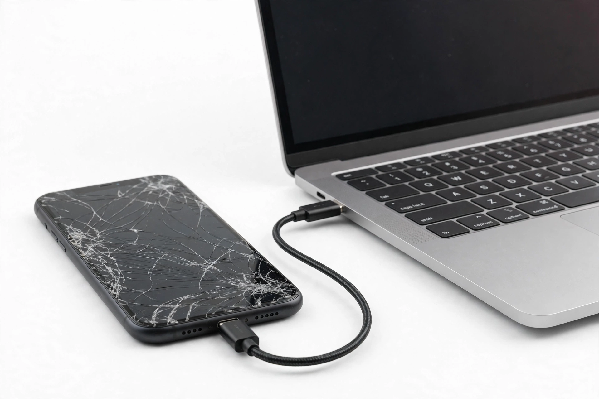 Broken smartphone with cracked screen connected to a laptop for data recovery