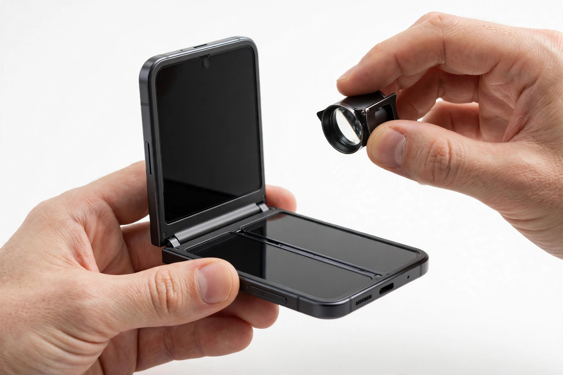 Hands inspecting a foldable flip smartphone for authenticity