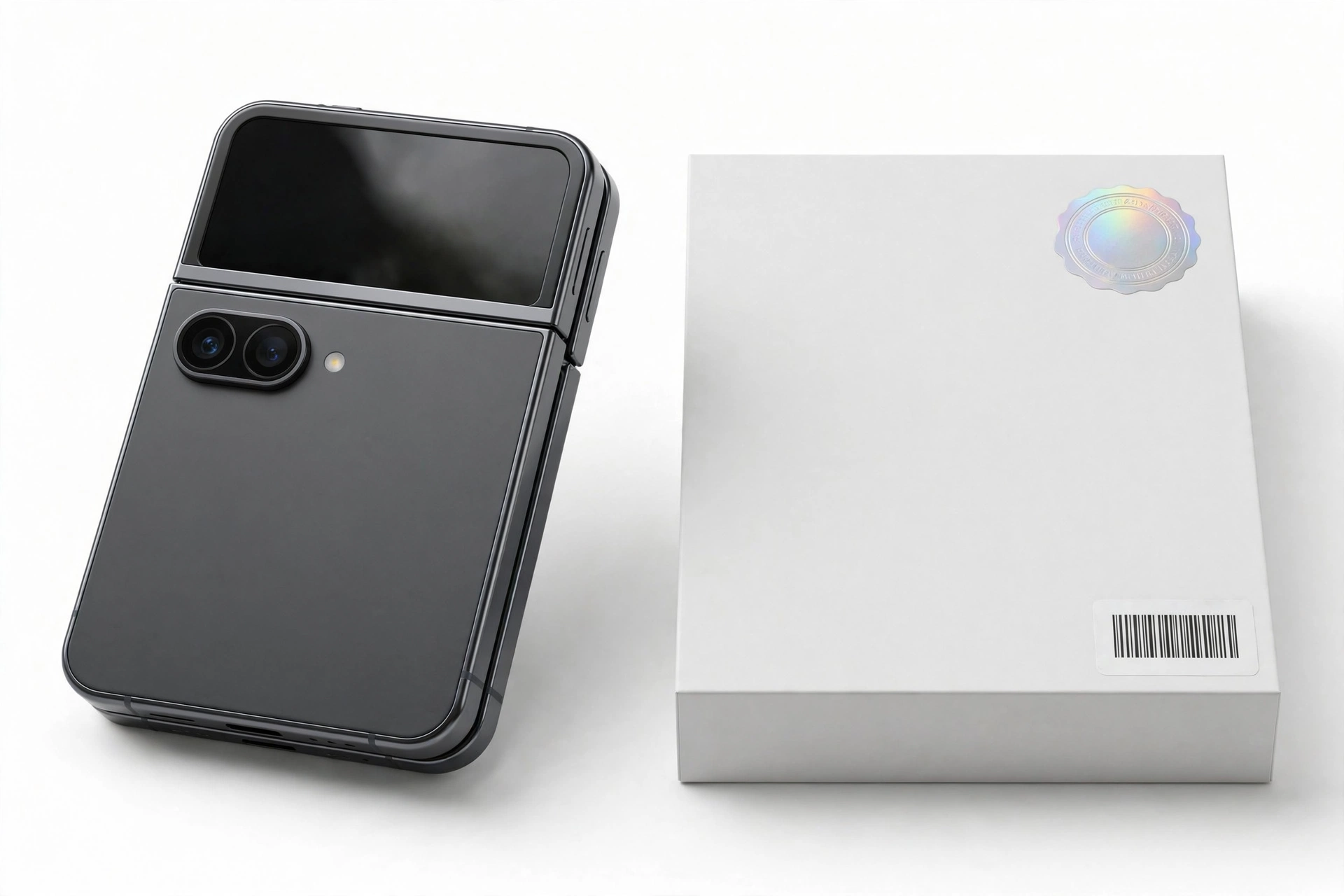 Foldable flip smartphone next to its retail box with verification seal and serial label