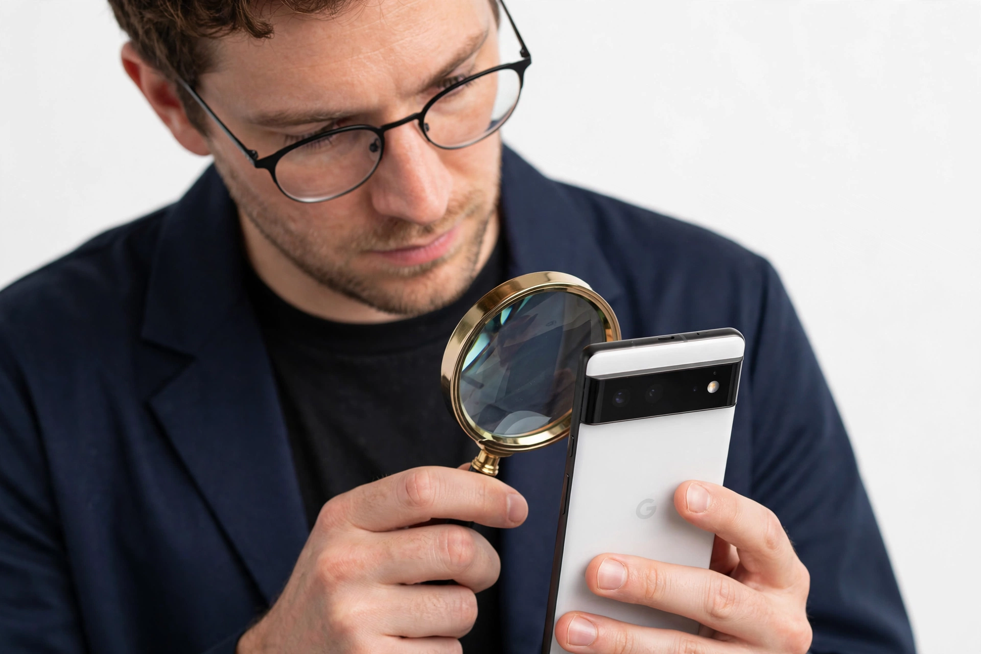 Person examining a Google Pixel style smartphone with a magnifying glass for authenticity check