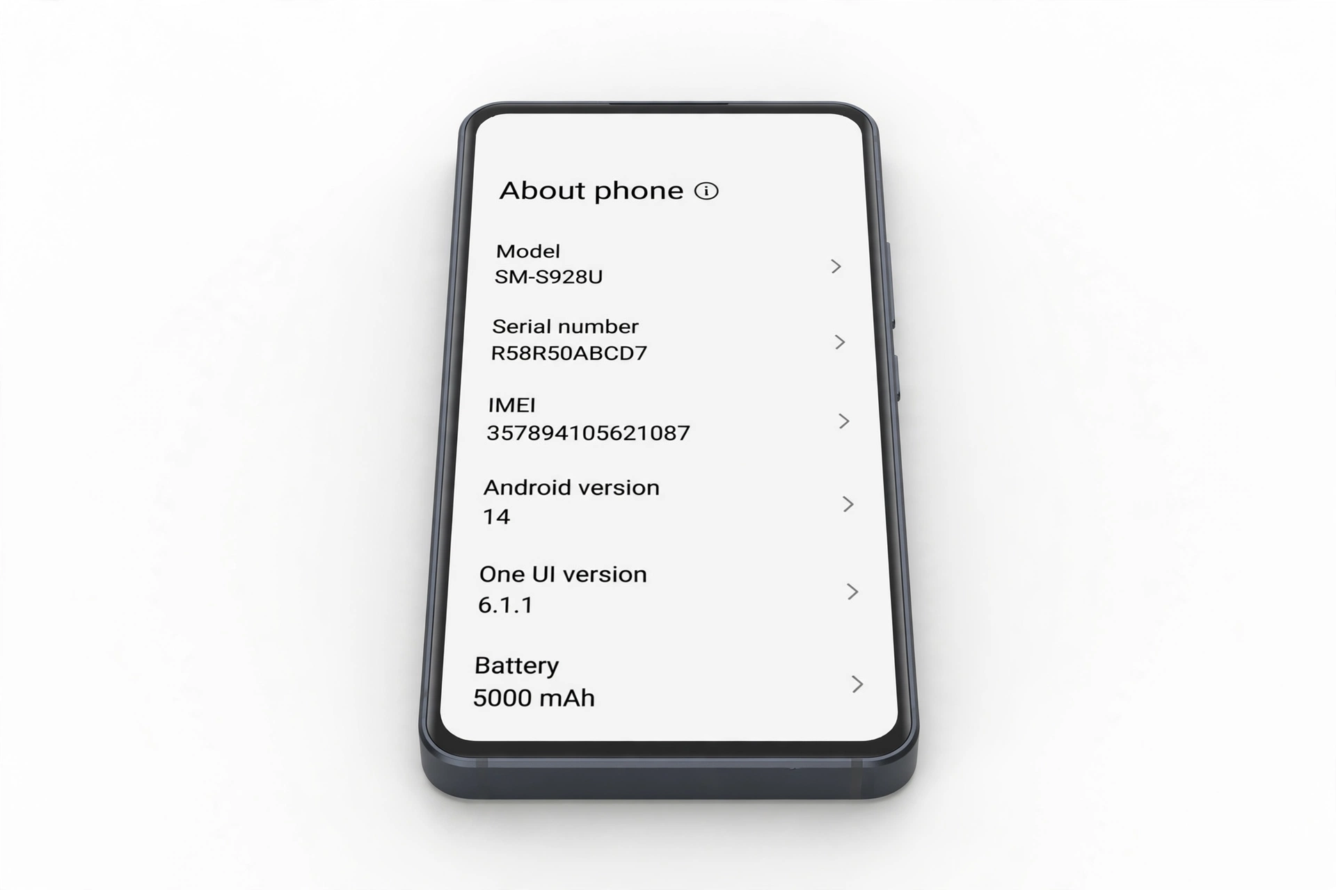 Smartphone about-phone screen showing model and serial number details for verification