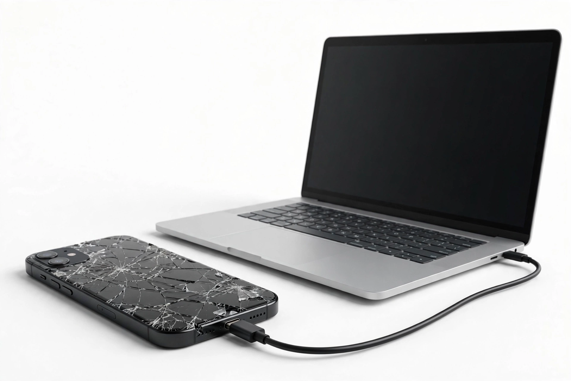 Broken smartphone with cracked screen connected to a laptop for data recovery