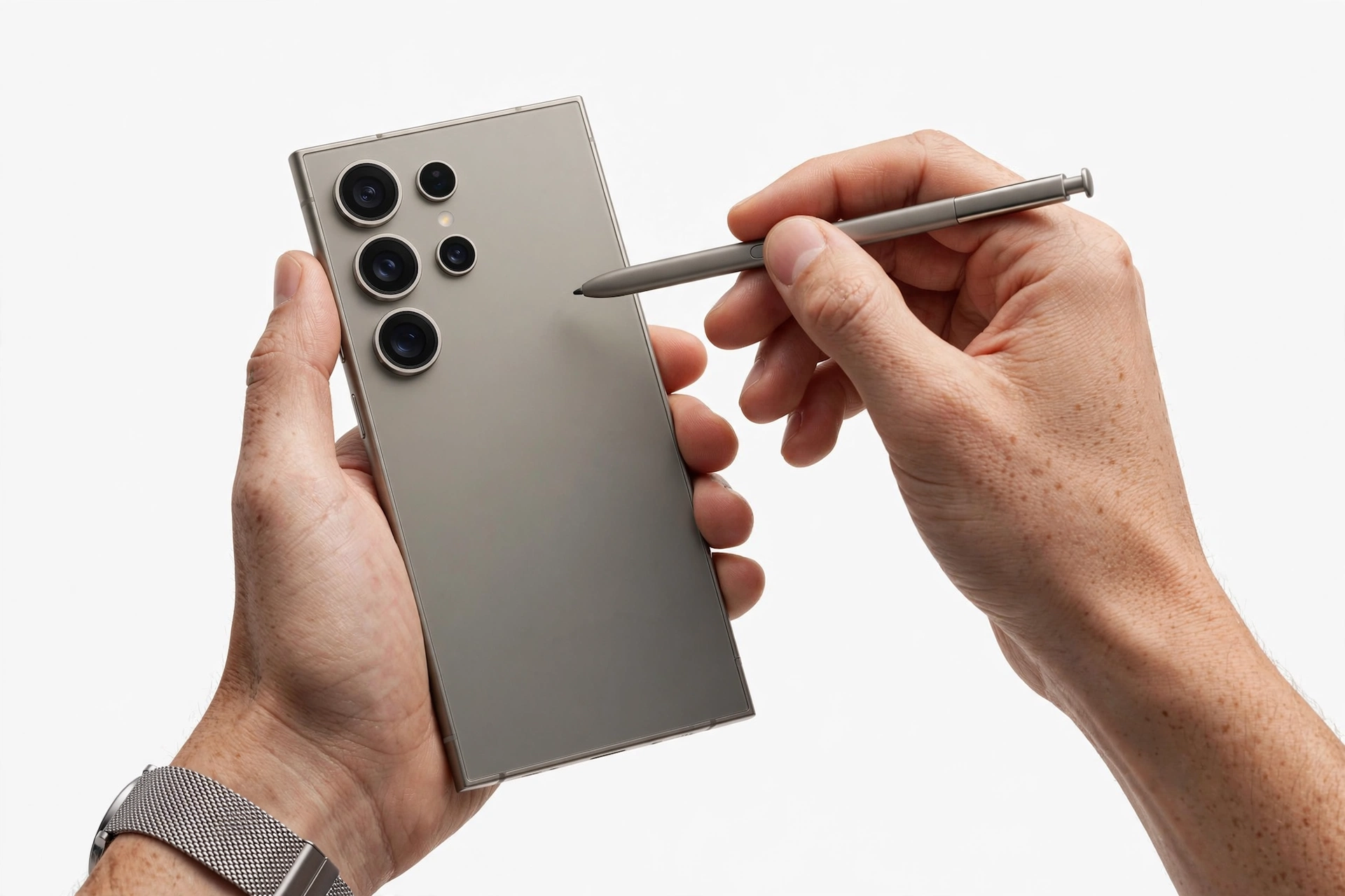 Hands examining a flagship Samsung smartphone with stylus pen for authenticity