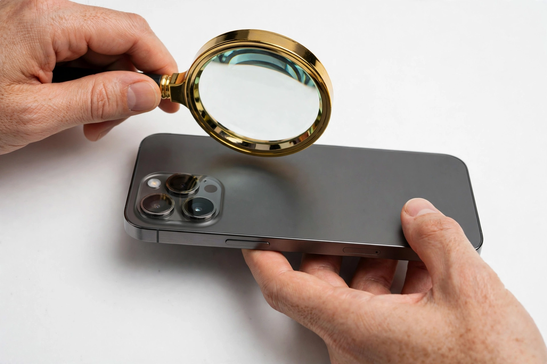 Hands examining a smartphone with a magnifying glass for authenticity check