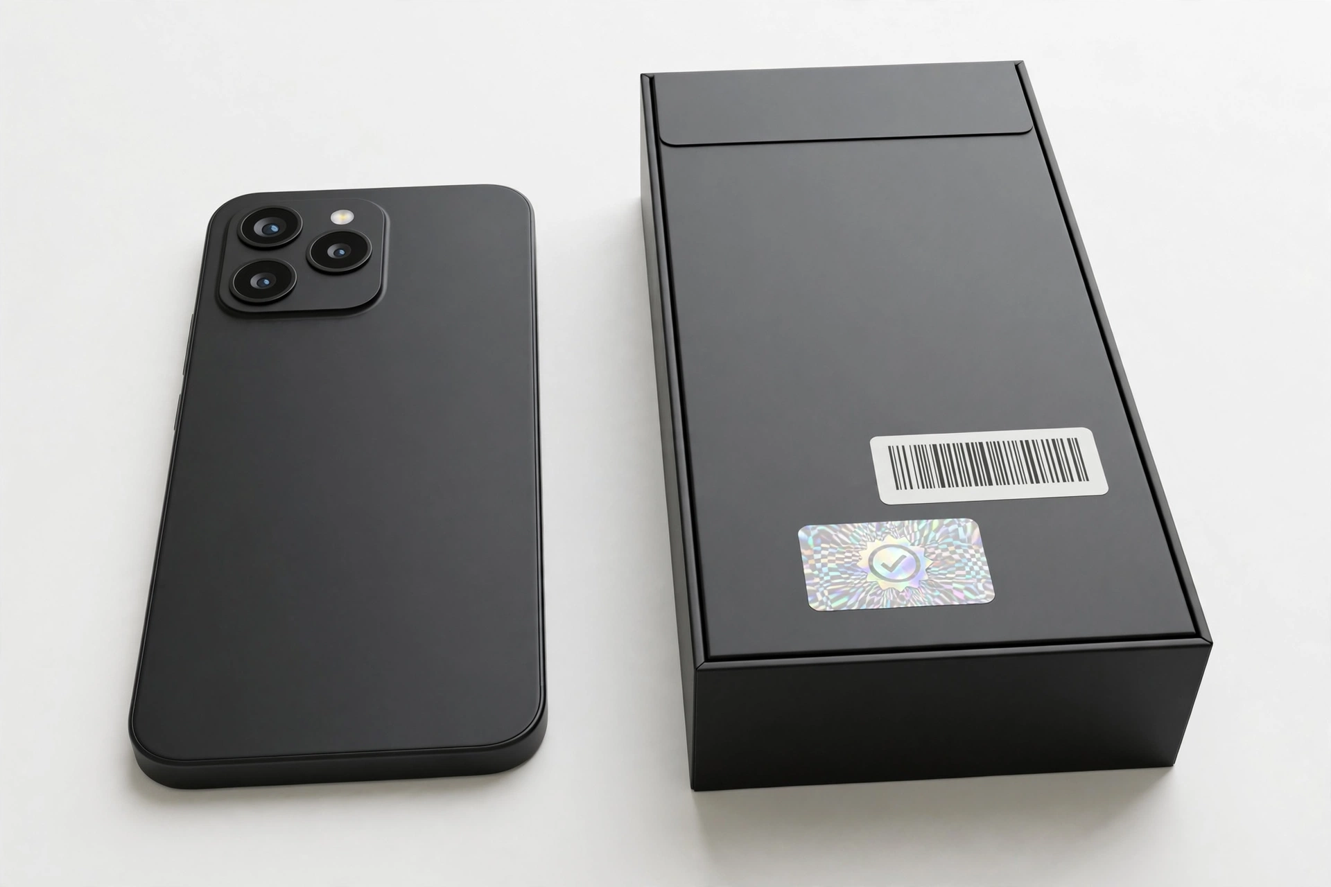 Smartphone next to its retail box with barcode and serial number label