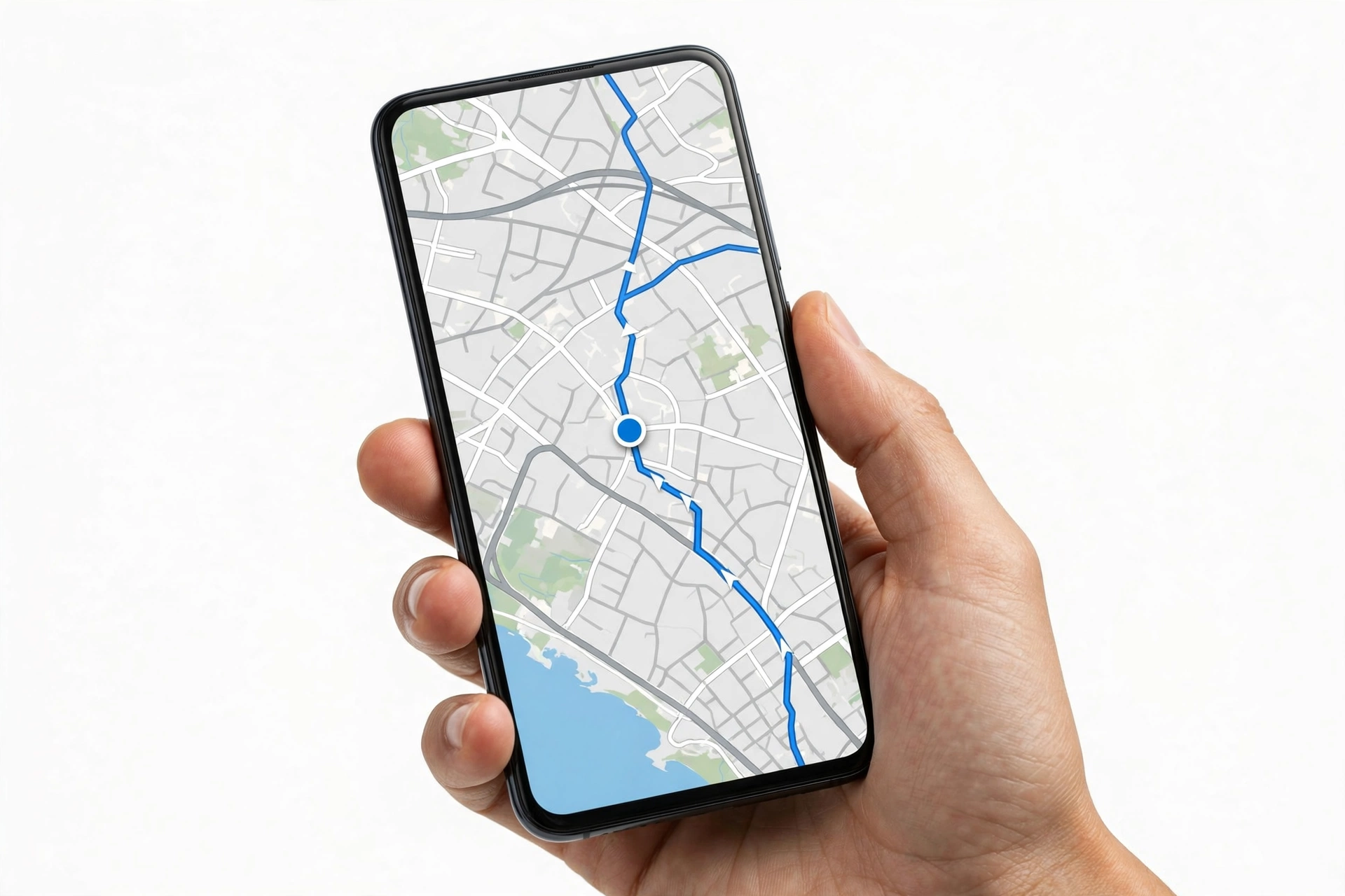 Smartphone displaying GPS navigation map on screen