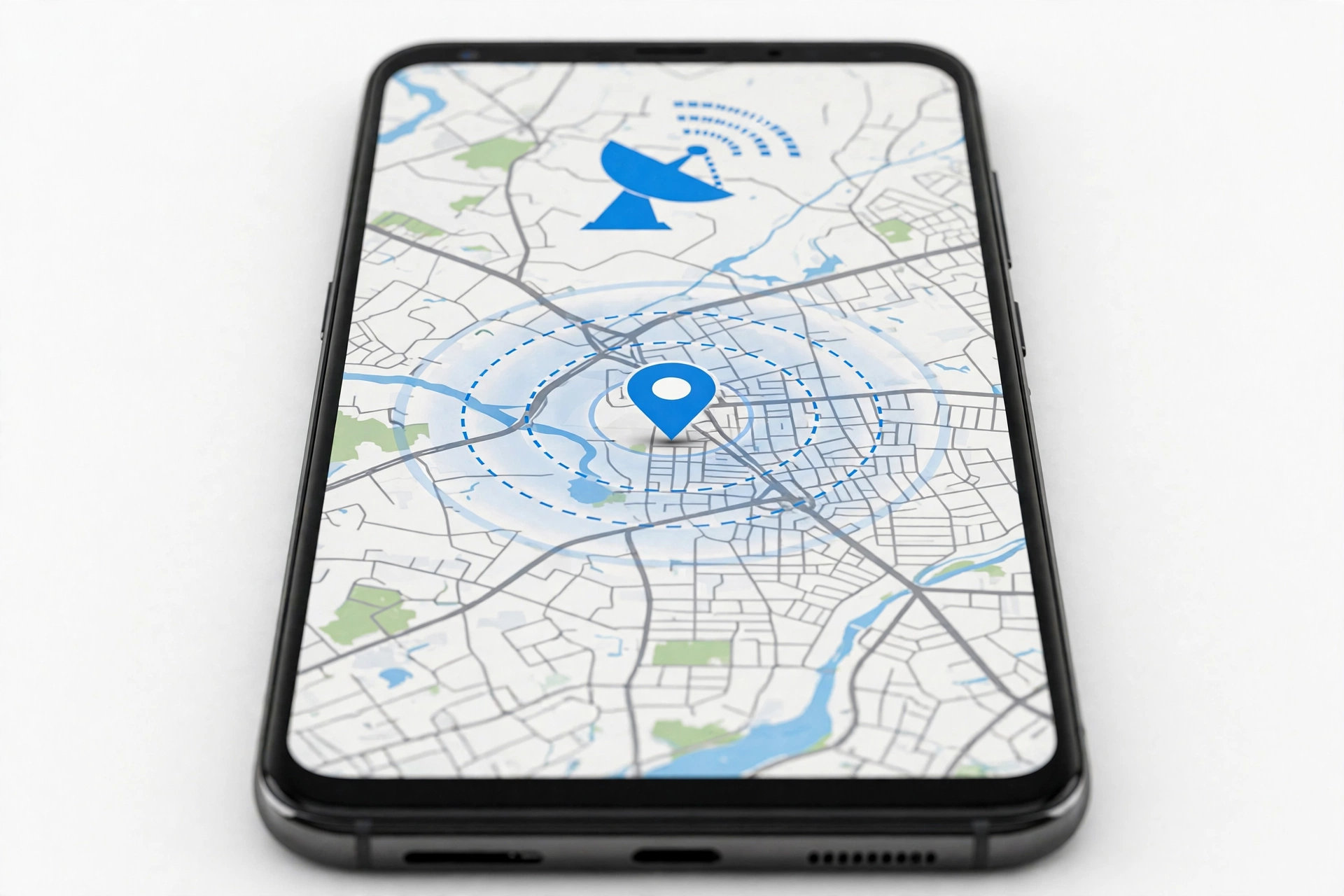 Smartphone with map and location pin, troubleshooting GPS signal
