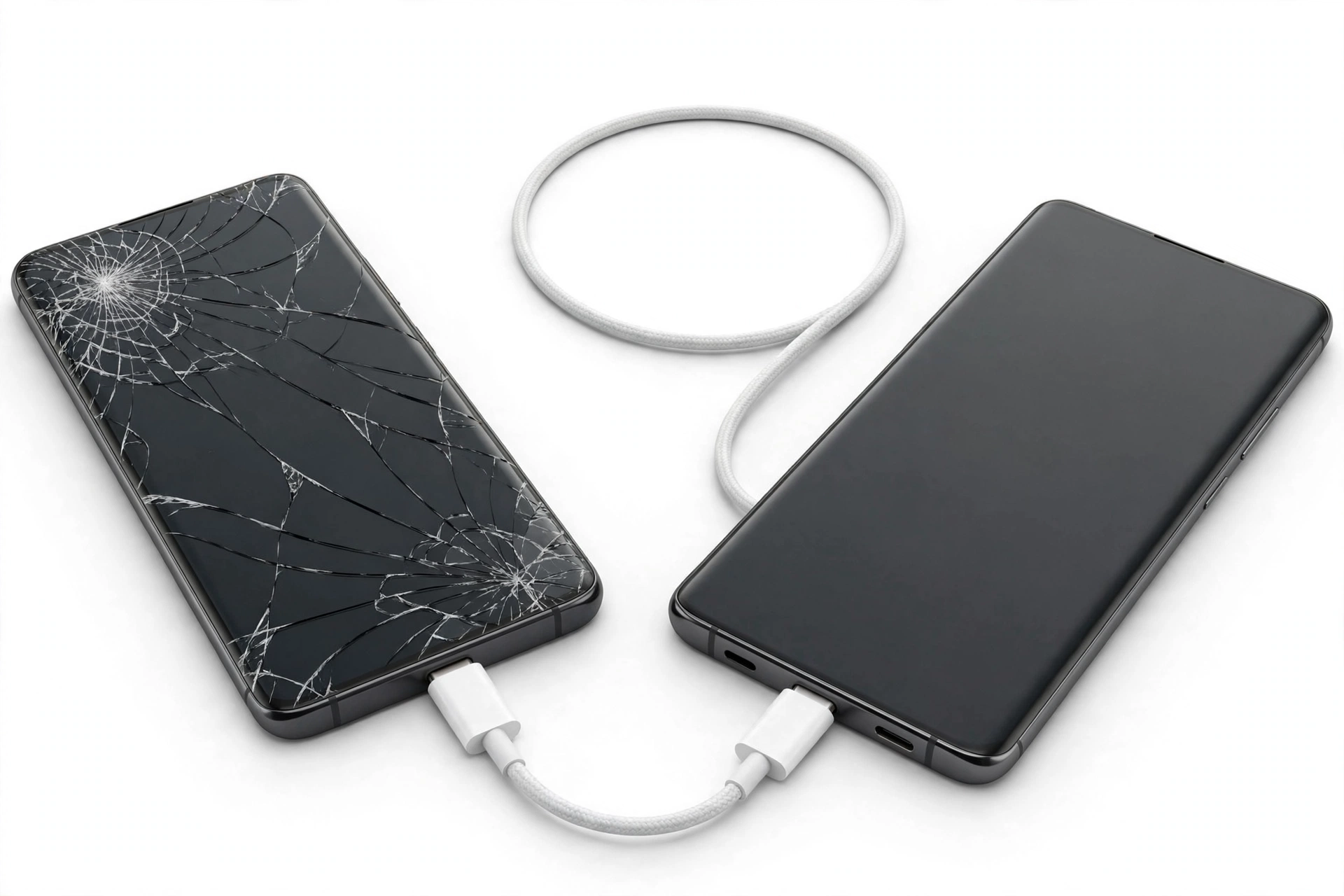 Two smartphones connected by USB cable transferring data