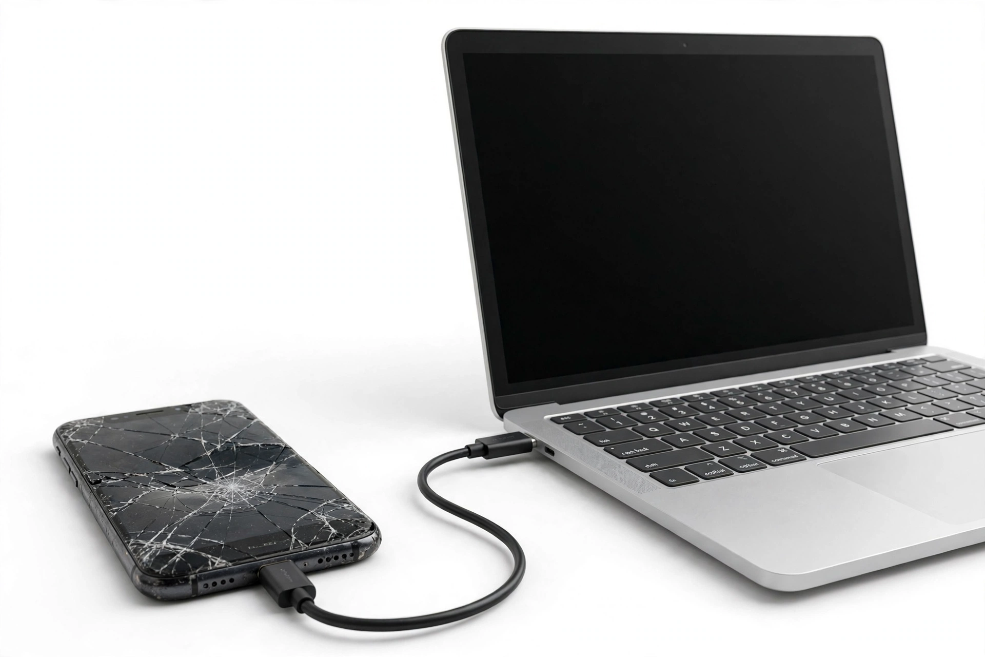 Broken smartphone with cracked screen connected to a laptop for data recovery