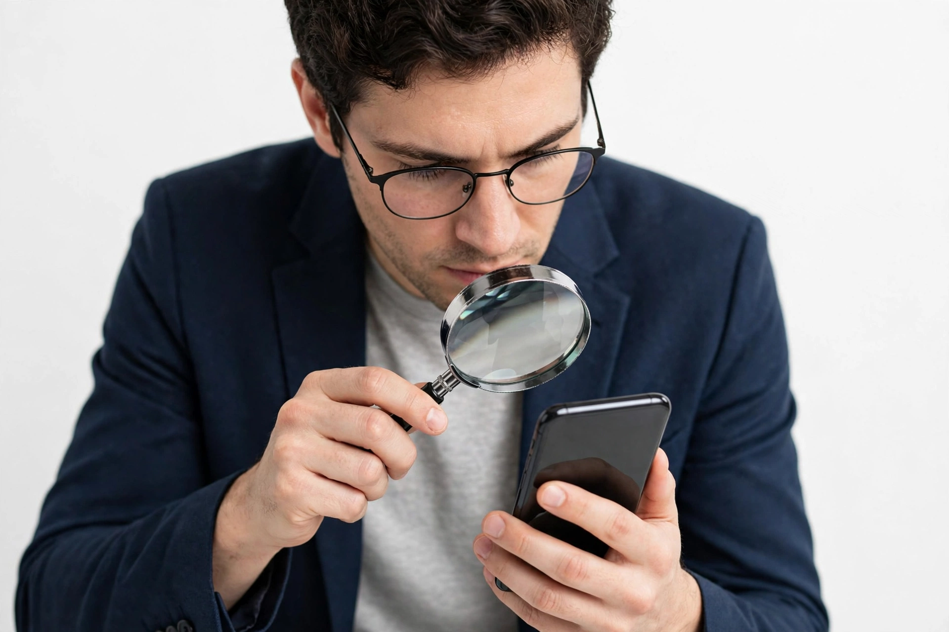 Examining a smartphone with a magnifying glass for authenticity