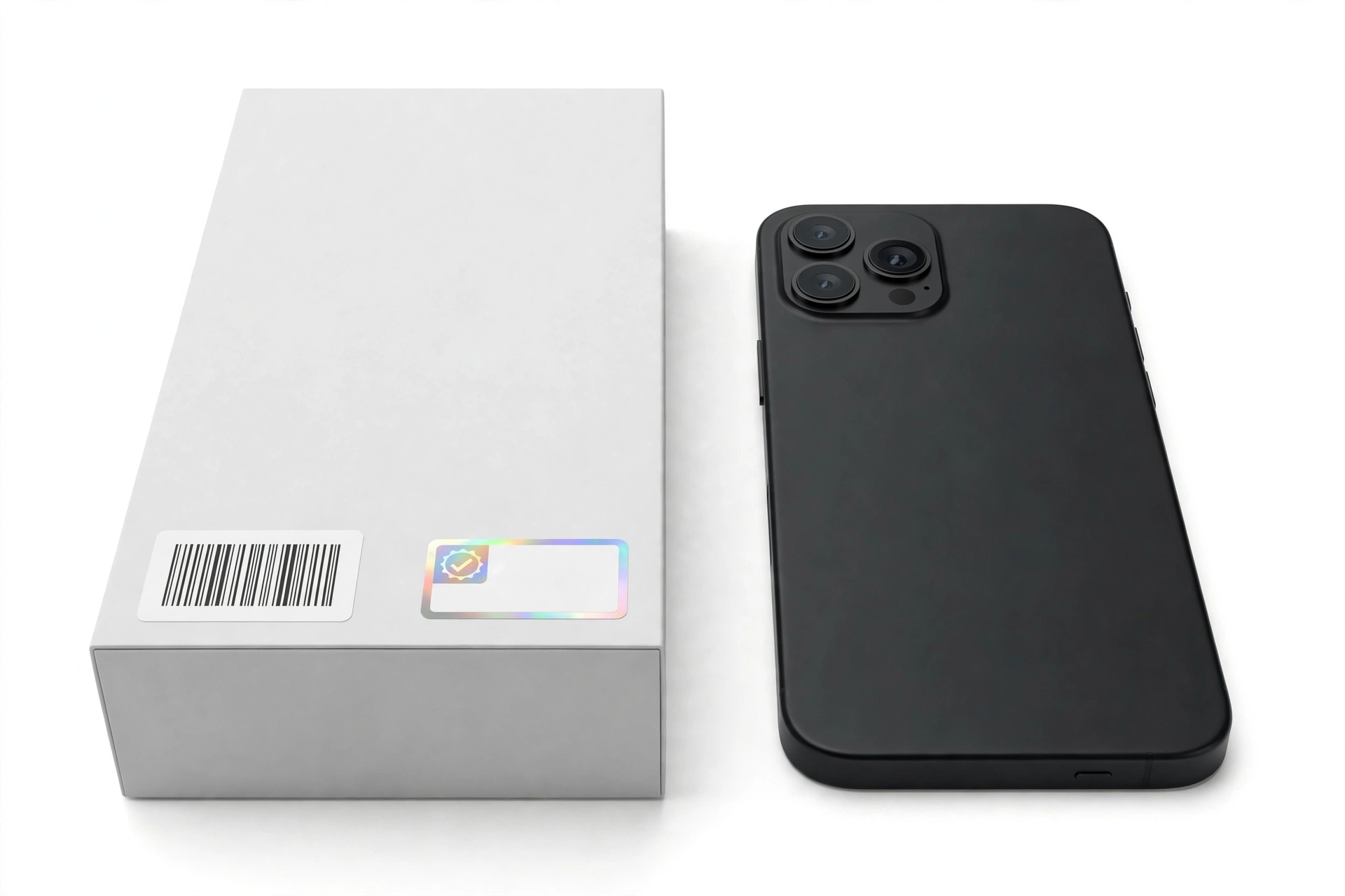 Smartphone next to its retail box with verification labels