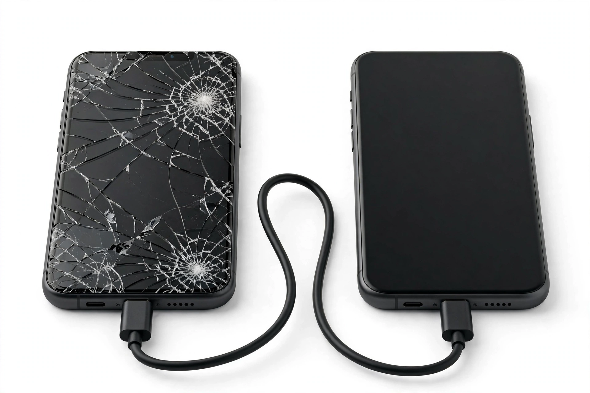 Two smartphones connected by a USB cable transferring data, one with a cracked broken screen