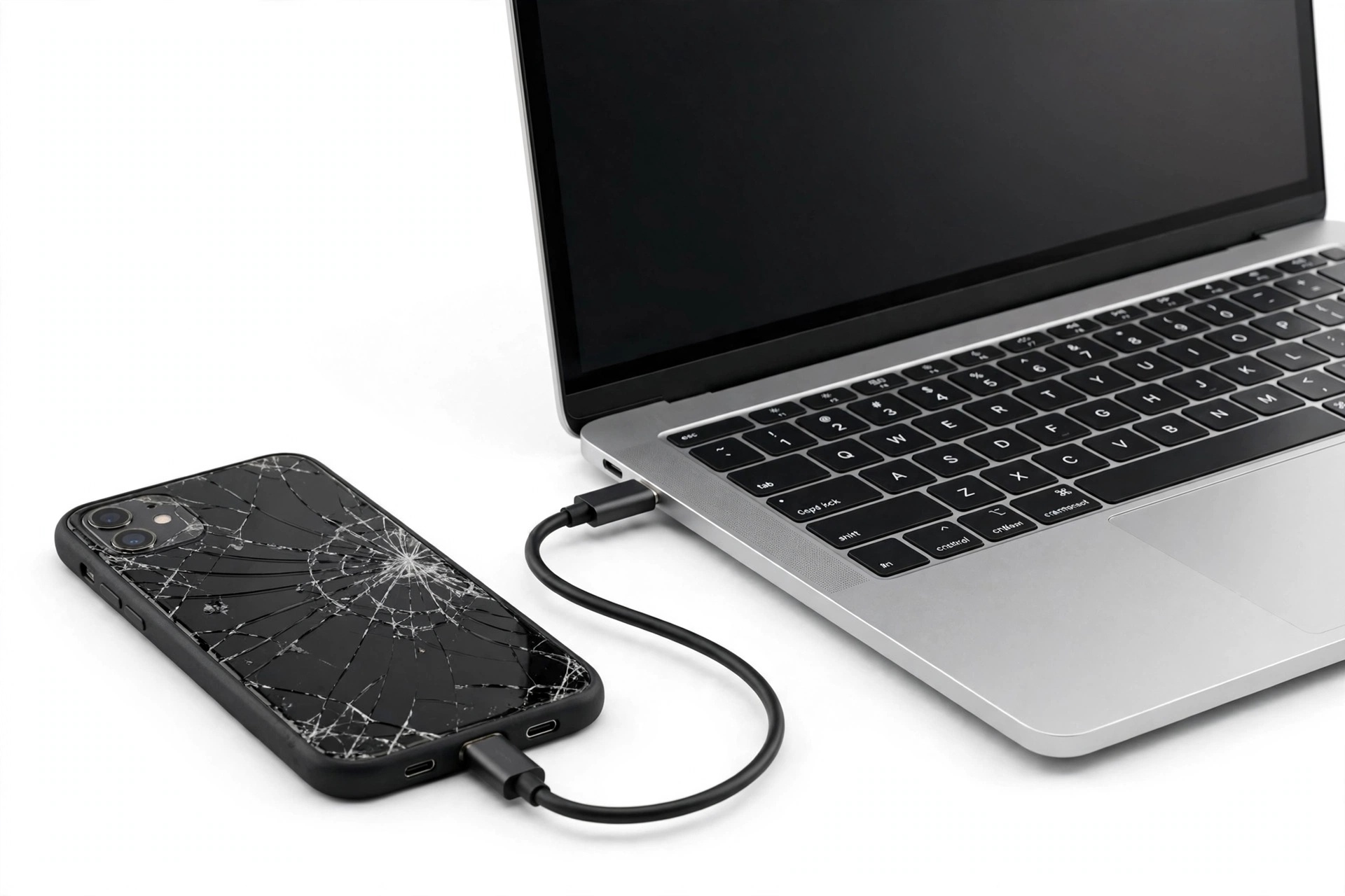 Broken smartphone with cracked screen connected to a laptop for data recovery