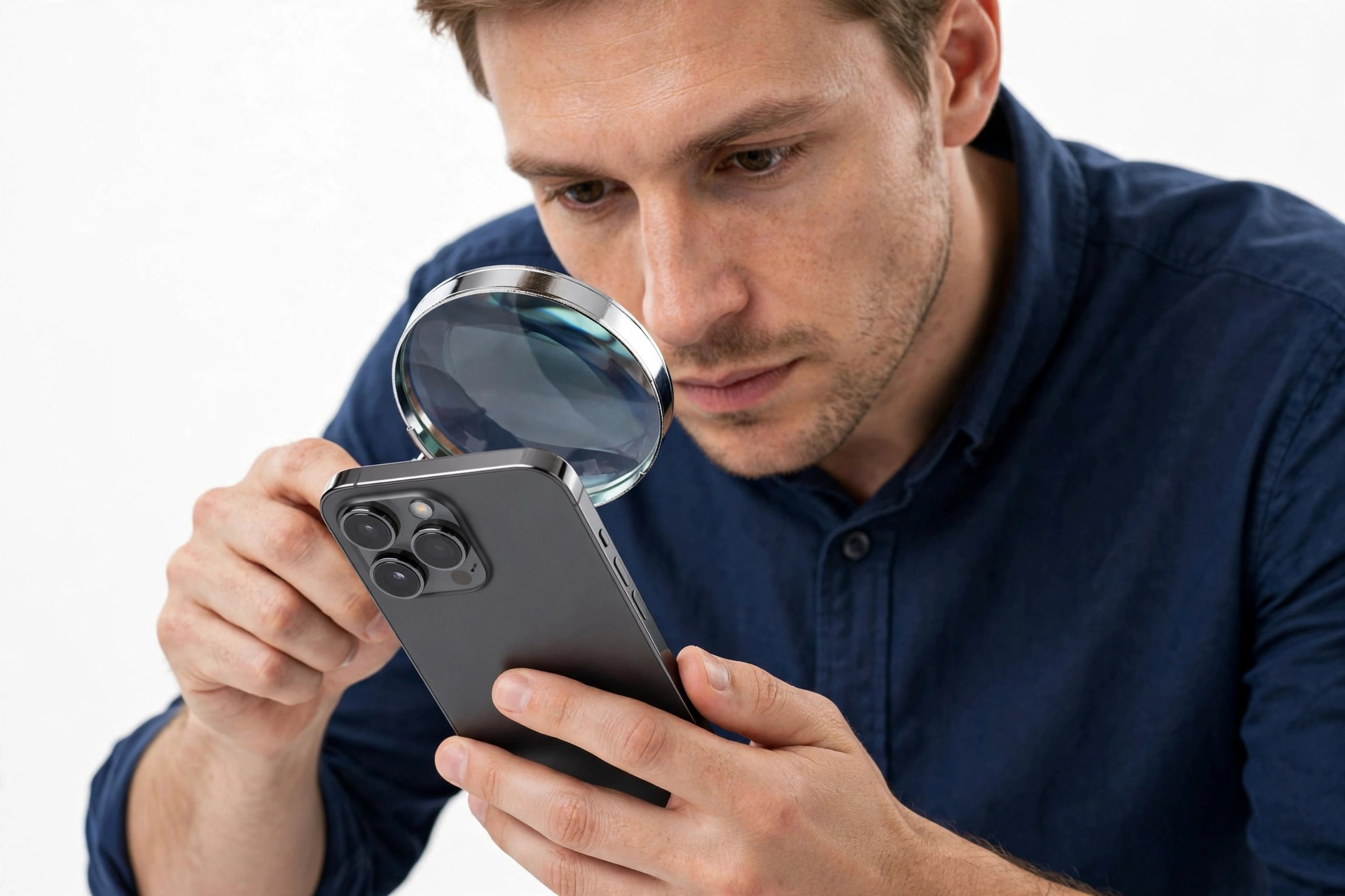 Person inspecting a premium flagship smartphone with a magnifying glass to check authenticity details