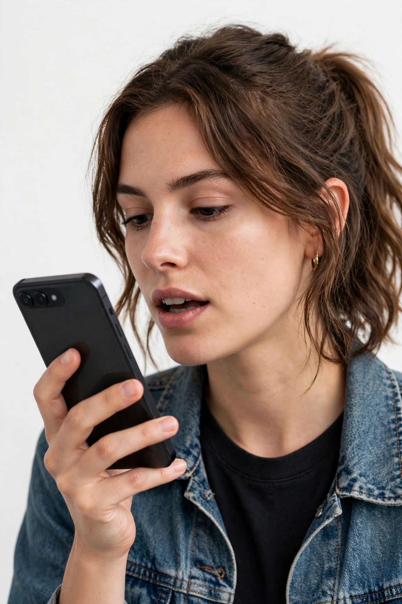 Person holding a smartphone near their mouth testing the microphone on a voice call